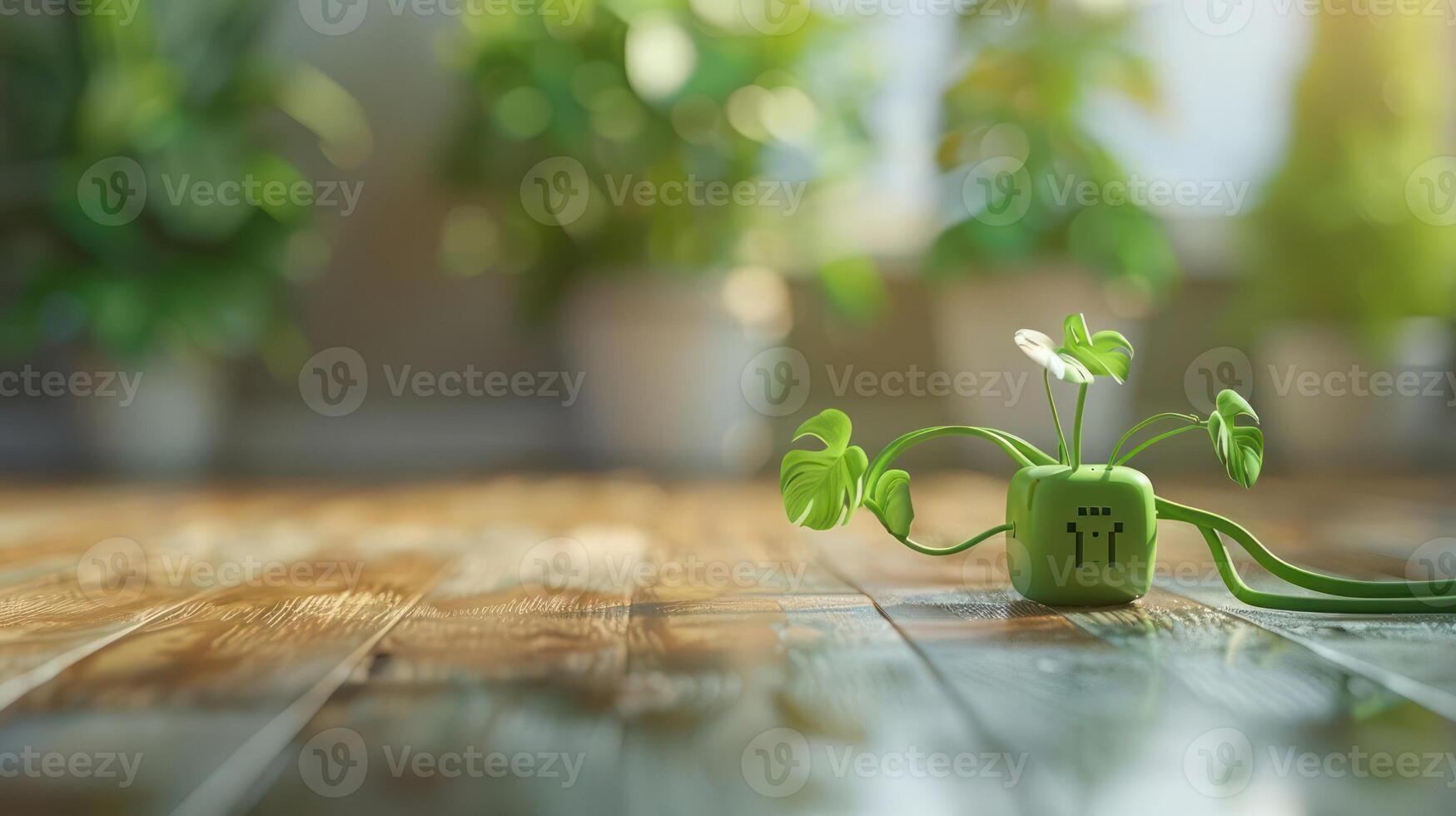 Green plant sprouting from a small device on a wooden floor, with potted plants in the background photo