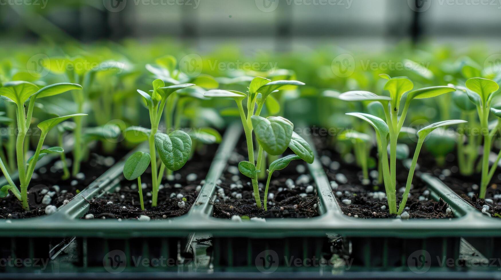 Young green seedlings growing in trays inside a greenhouse with natural light filtering through photo