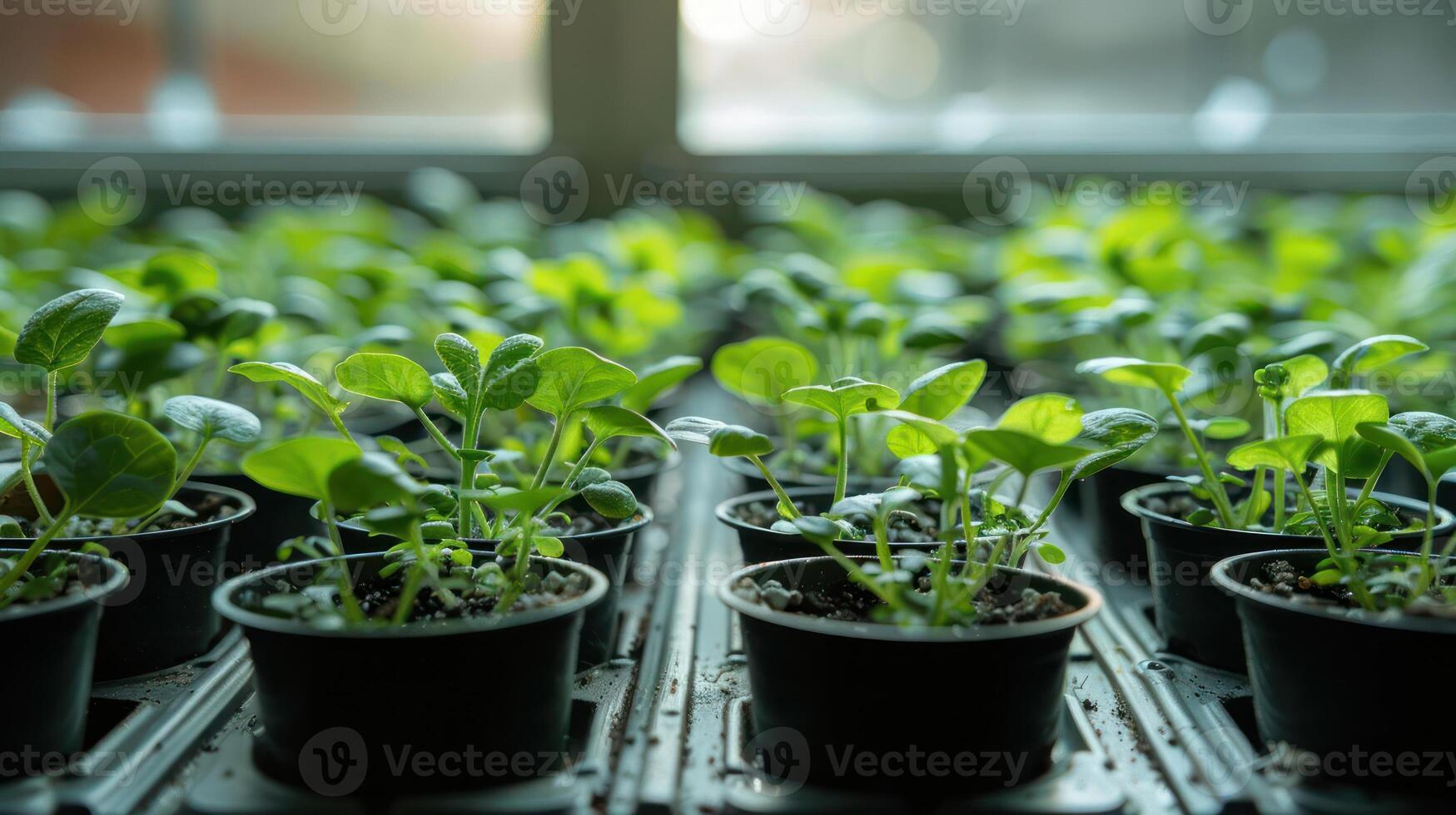 Lush green seedlings growing in small pots under natural light in a nurturing environment photo