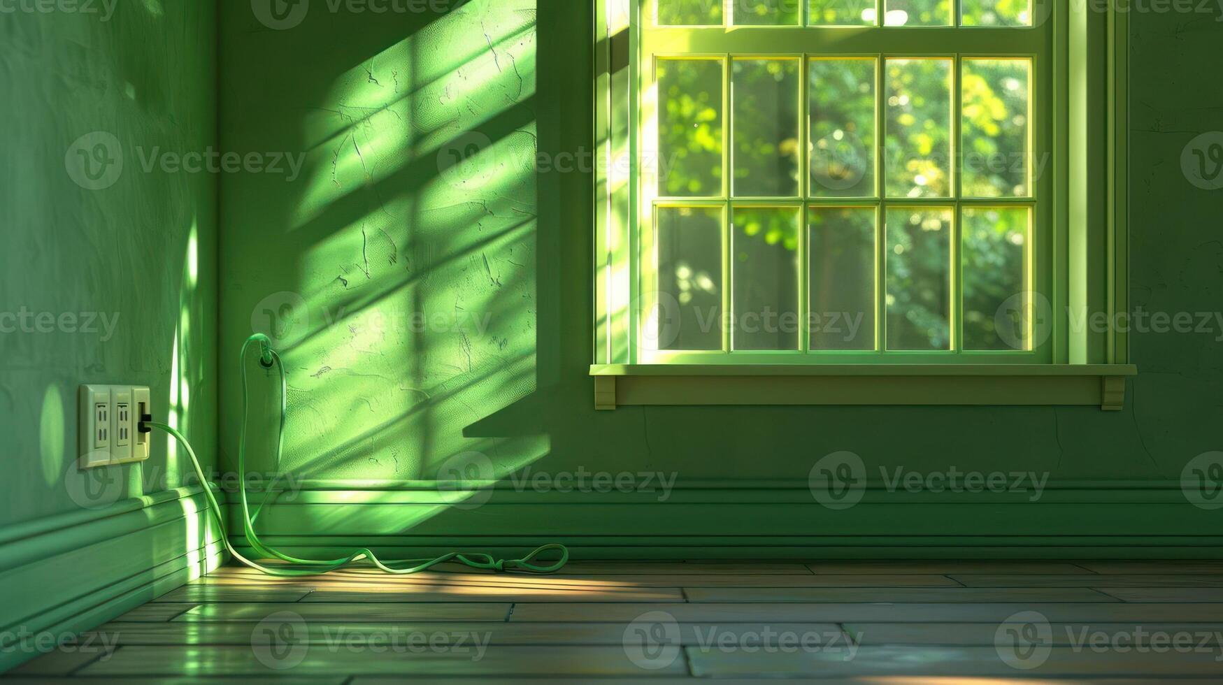Bright green room with sunlight streaming through window, showcasing shadows and power outlet photo