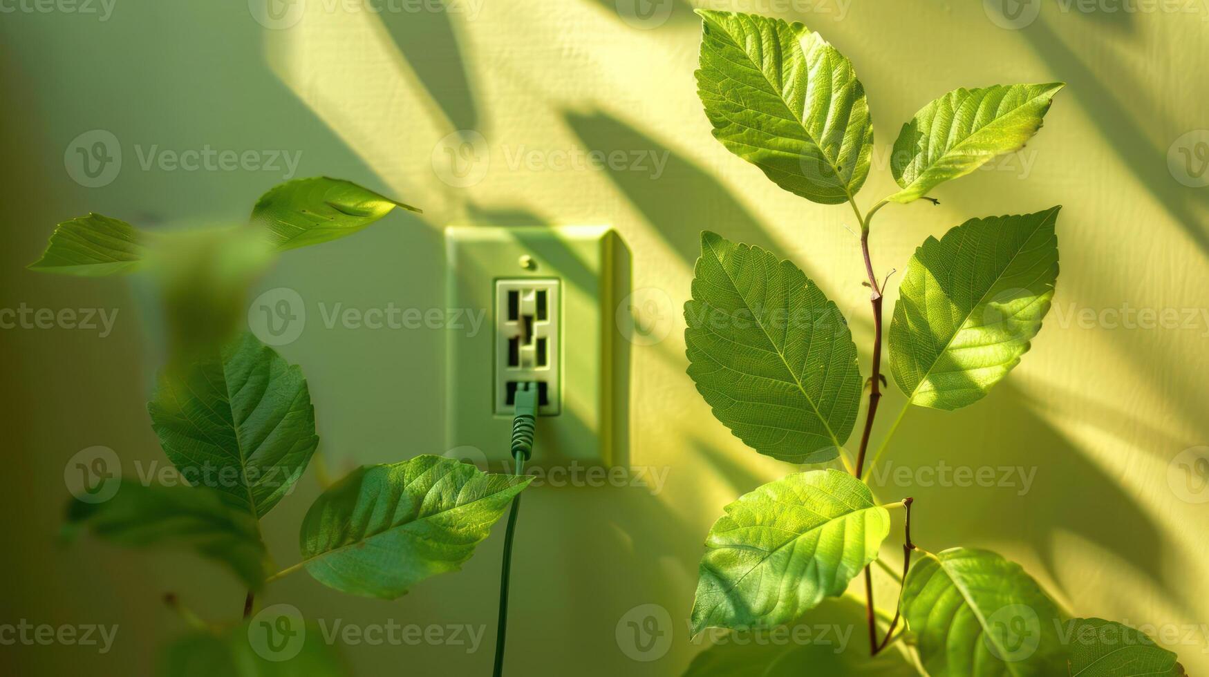 Green leaves growing near a power outlet, showcasing nature's resilience in a home setting photo