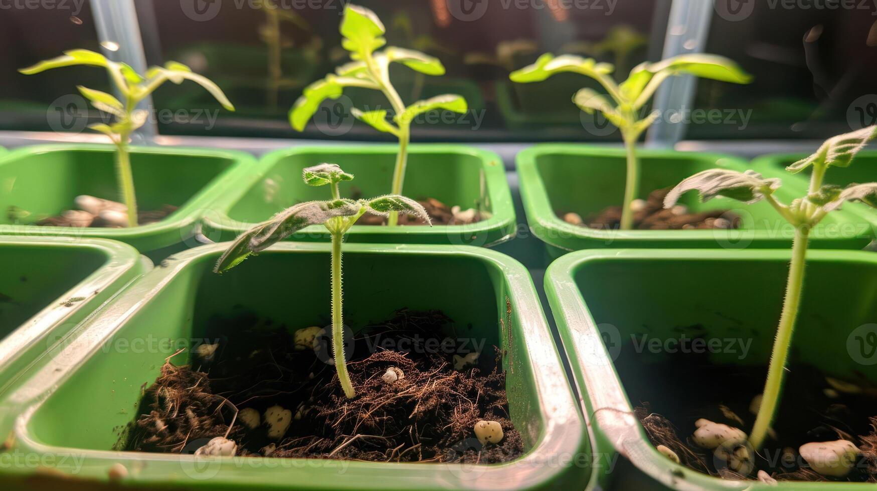 Young tomato plants growing in green pots, showcasing healthy leaves and soil in a bright environment photo