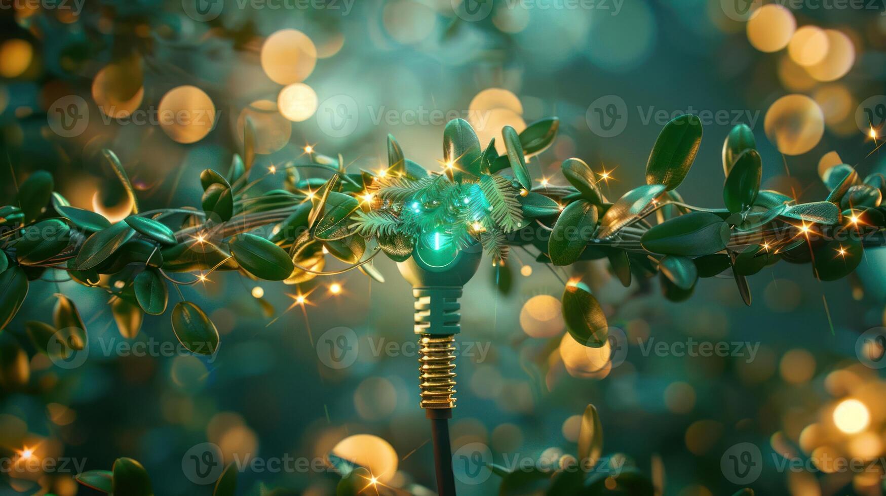 Vibrant holiday lights intertwined with lush greenery, creating a magical atmosphere at night photo