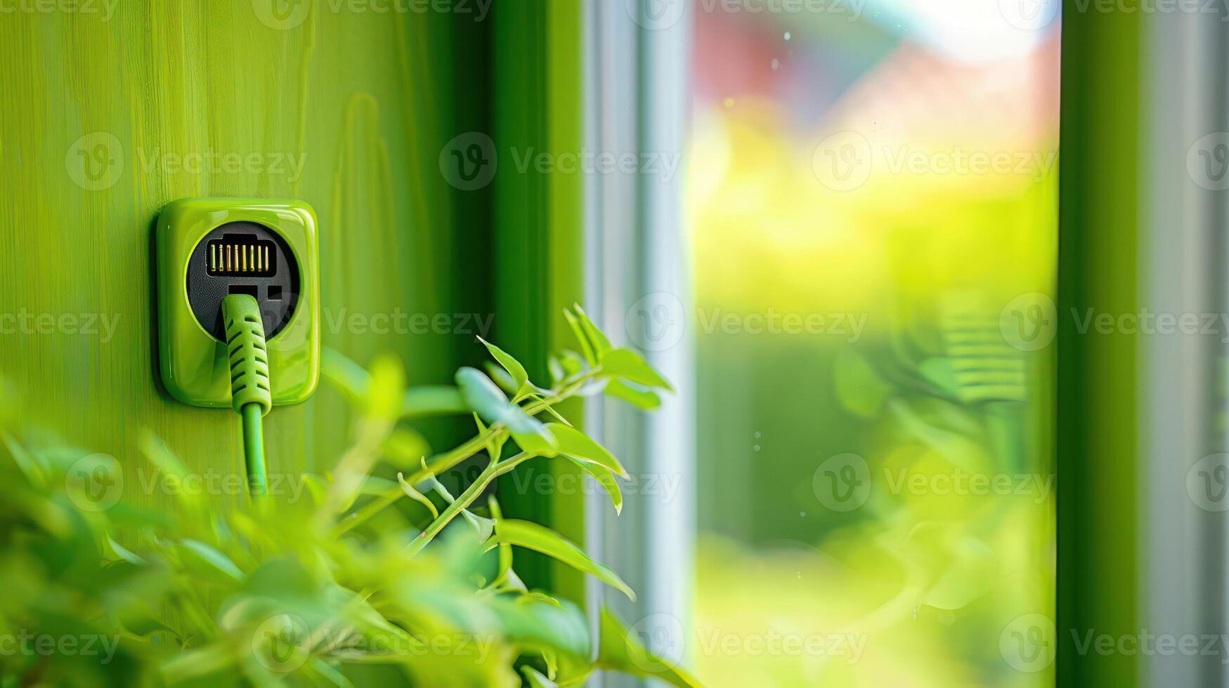 Green wall socket with a charging cable, surrounded by vibrant plants and sunlight streaming in photo