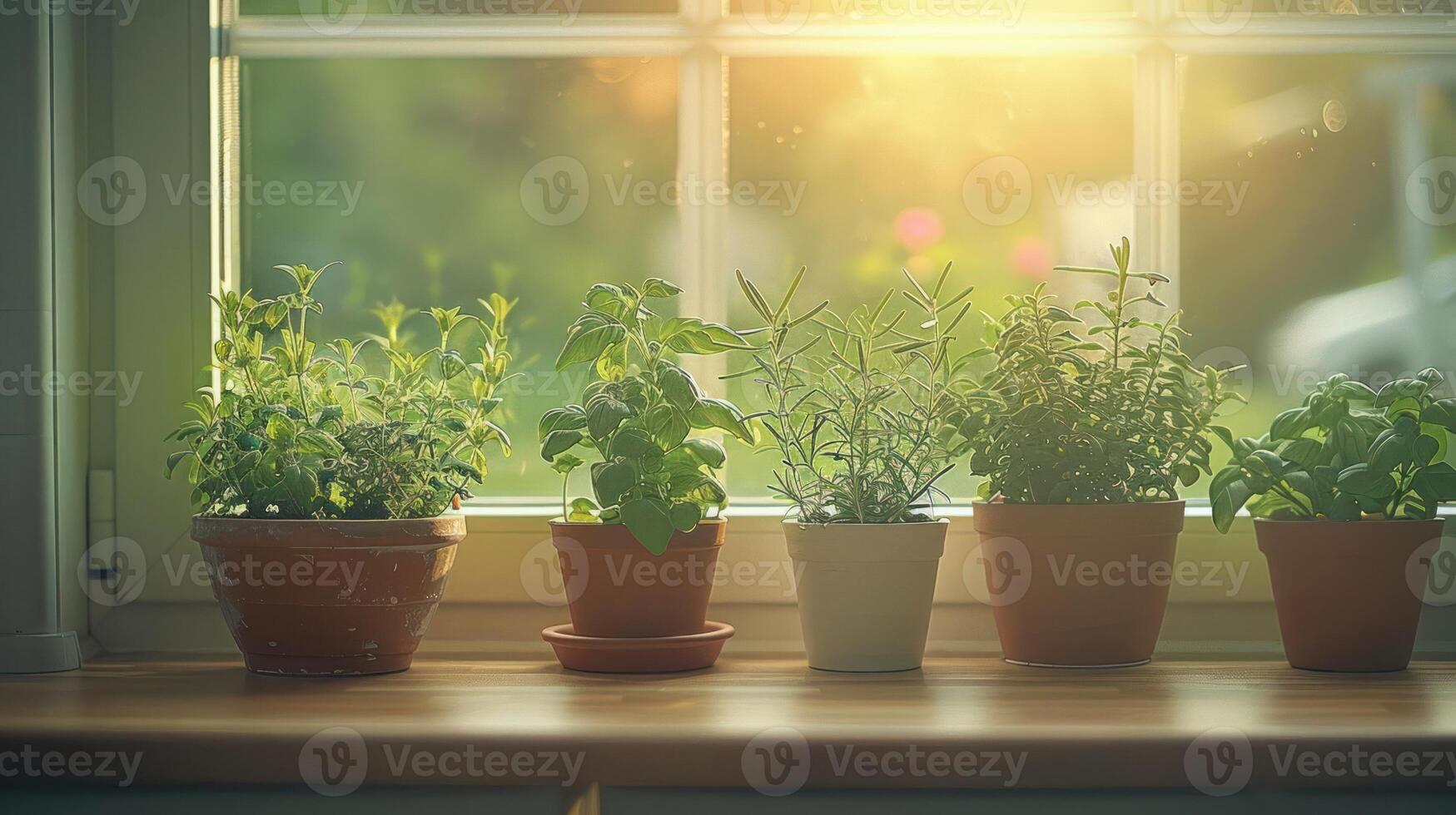 Sunlit kitchen window showcasing various potted herbs, creating a serene atmosphere indoors photo