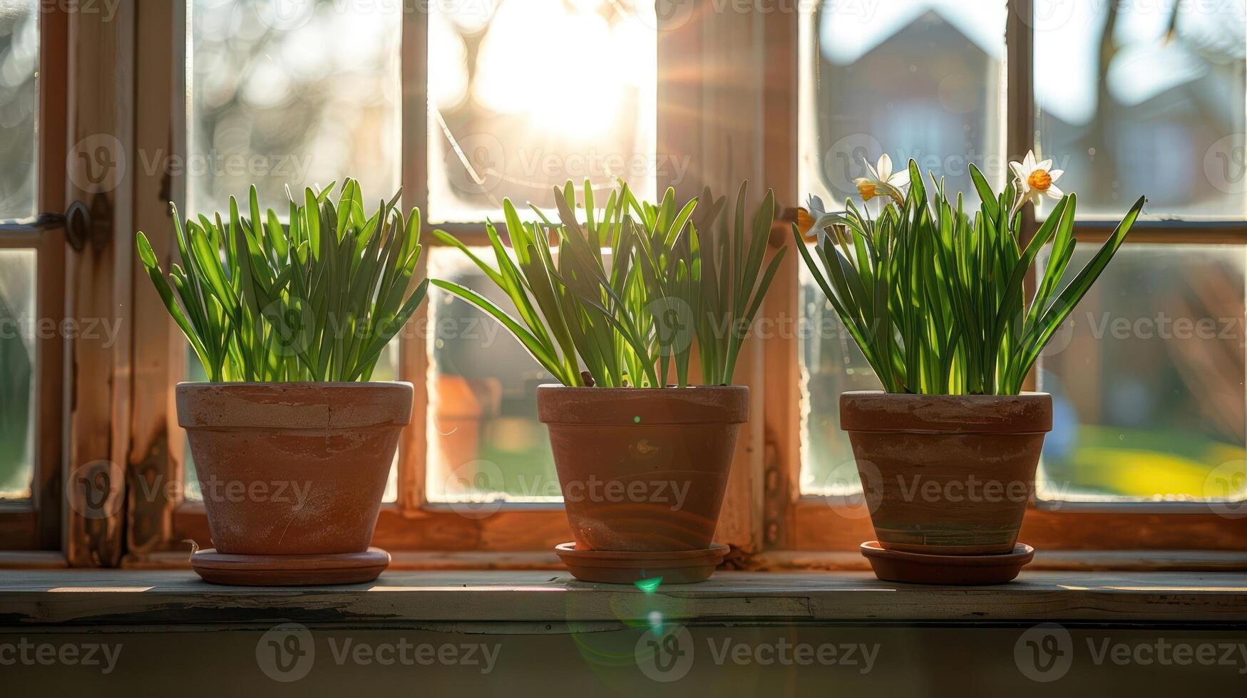 Sunlight streaming through window highlighting potted daffodils on a windowsill in spring photo