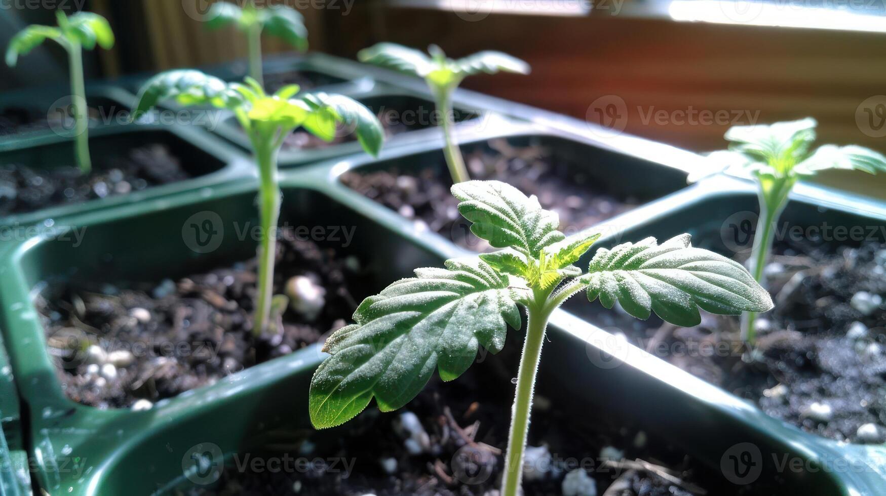 Young cannabis seedlings growing in pots under sunlight with a wooden backdrop photo