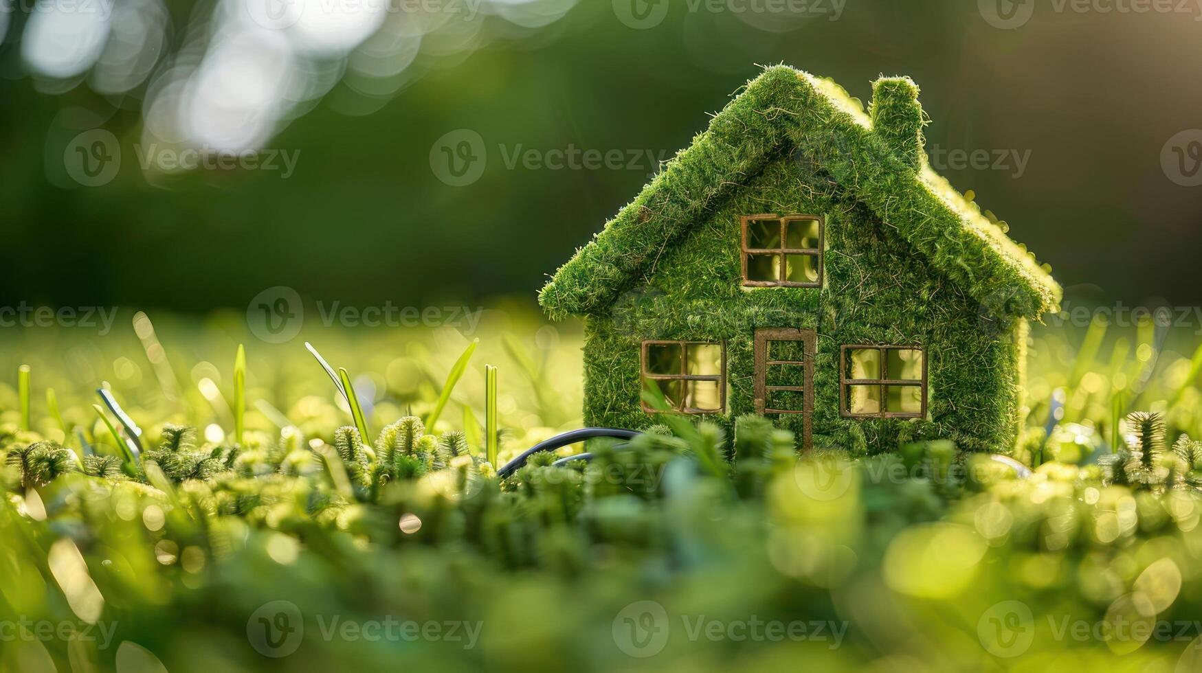 A miniature house covered in grass sits on a lush green lawn under soft sunlight, symbolizing eco-friendliness photo