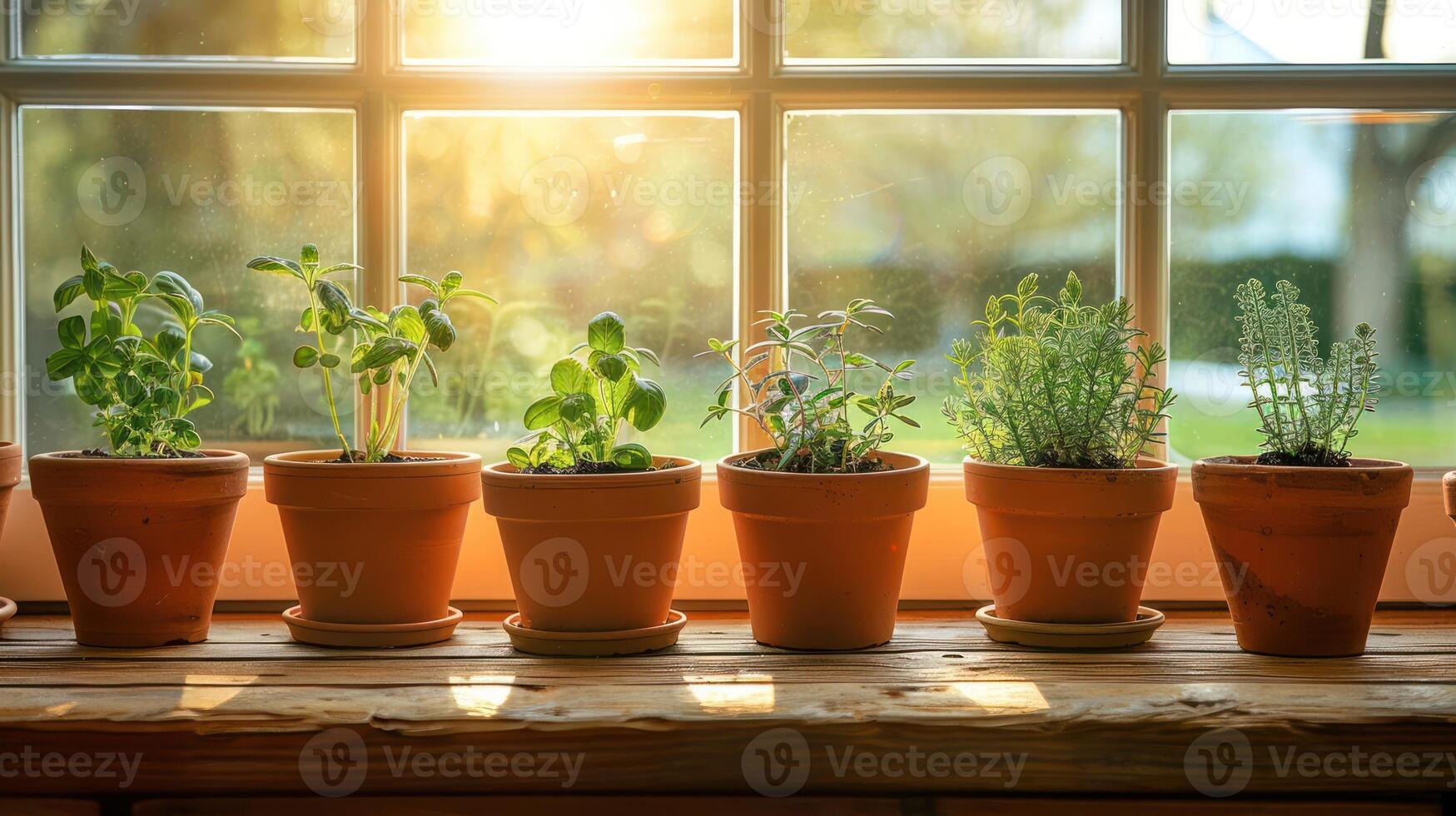 Sunlit indoor garden showcasing various herbs in terracotta pots on a wooden windowsill photo
