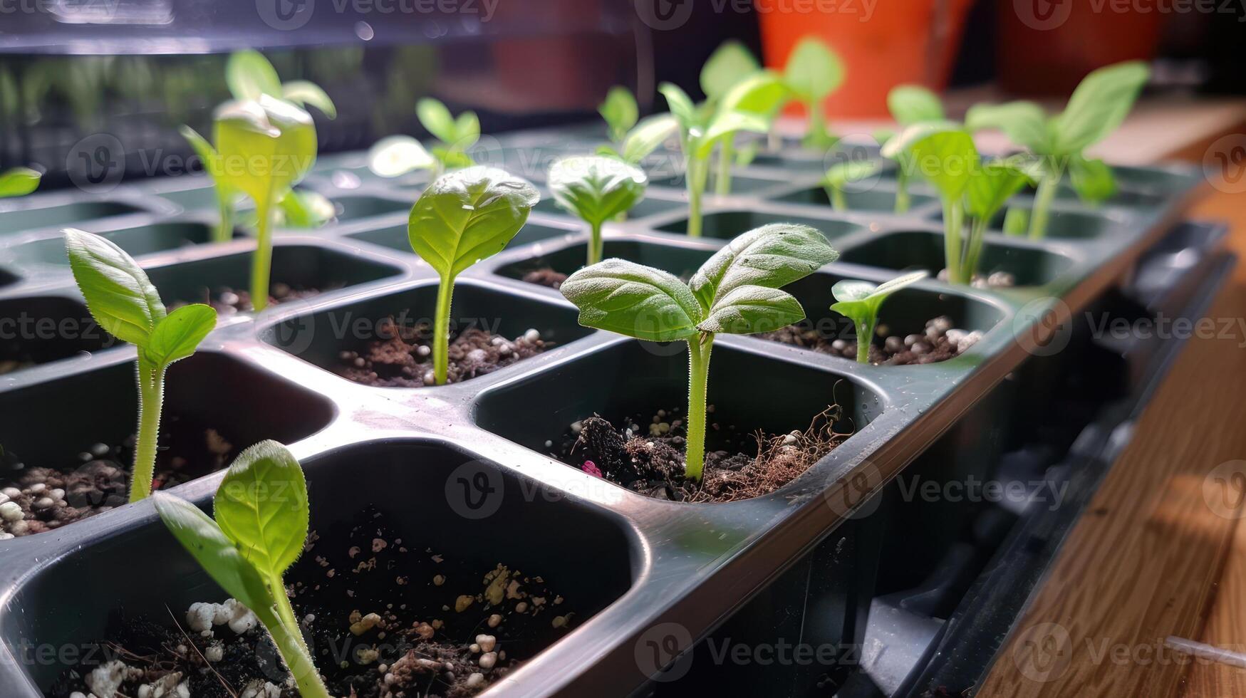 Close-up view of healthy seedlings growing in trays indoors, with sunlight filtering through photo
