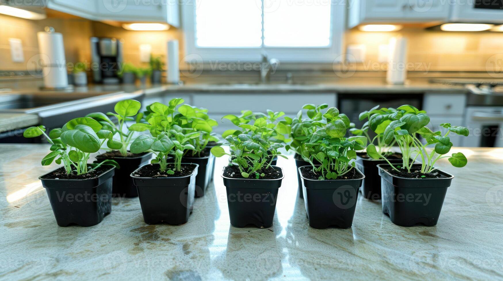 Fresh herbs in black pots arranged on a kitchen countertop with a bright window backdrop photo