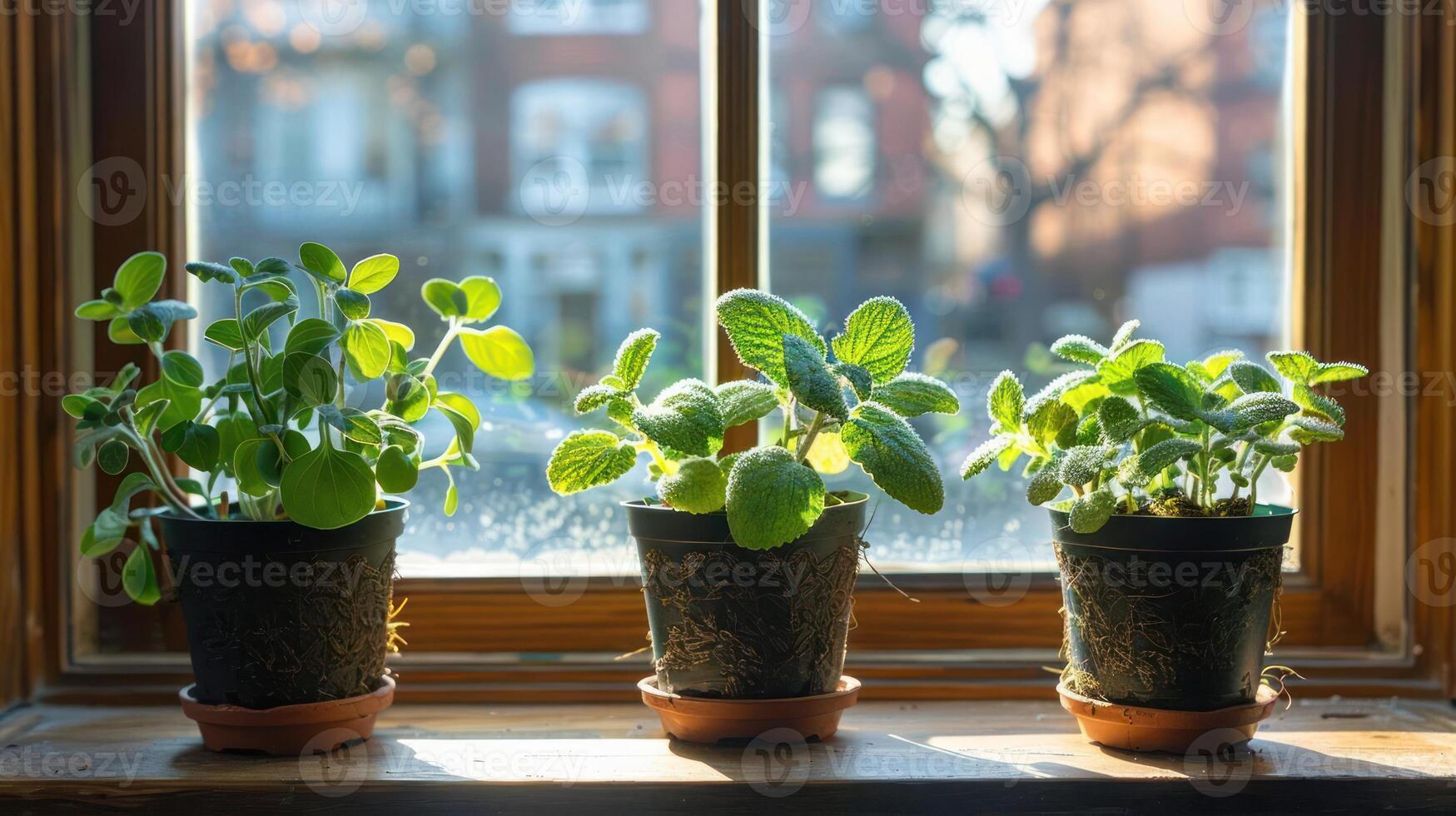 Sunlight streaming through a window illuminates potted plants on a sill in an urban setting photo