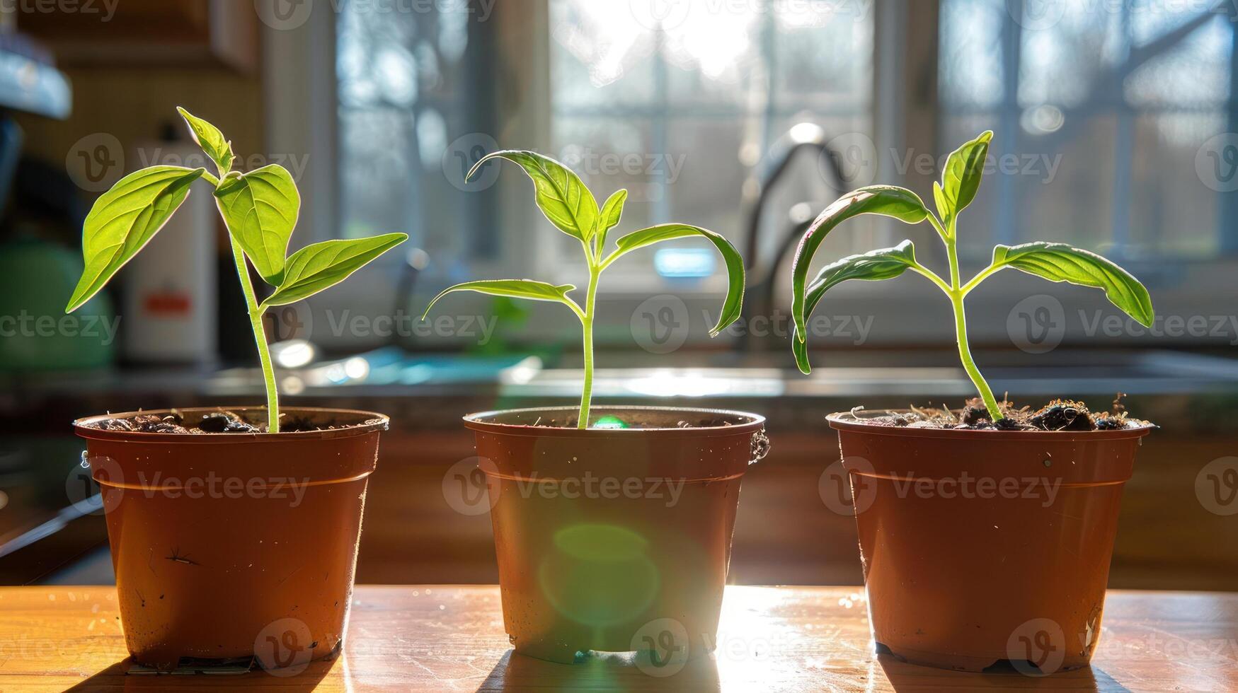 Three small green plants growing in pots on a sunlit kitchen counter with a window backdrop photo