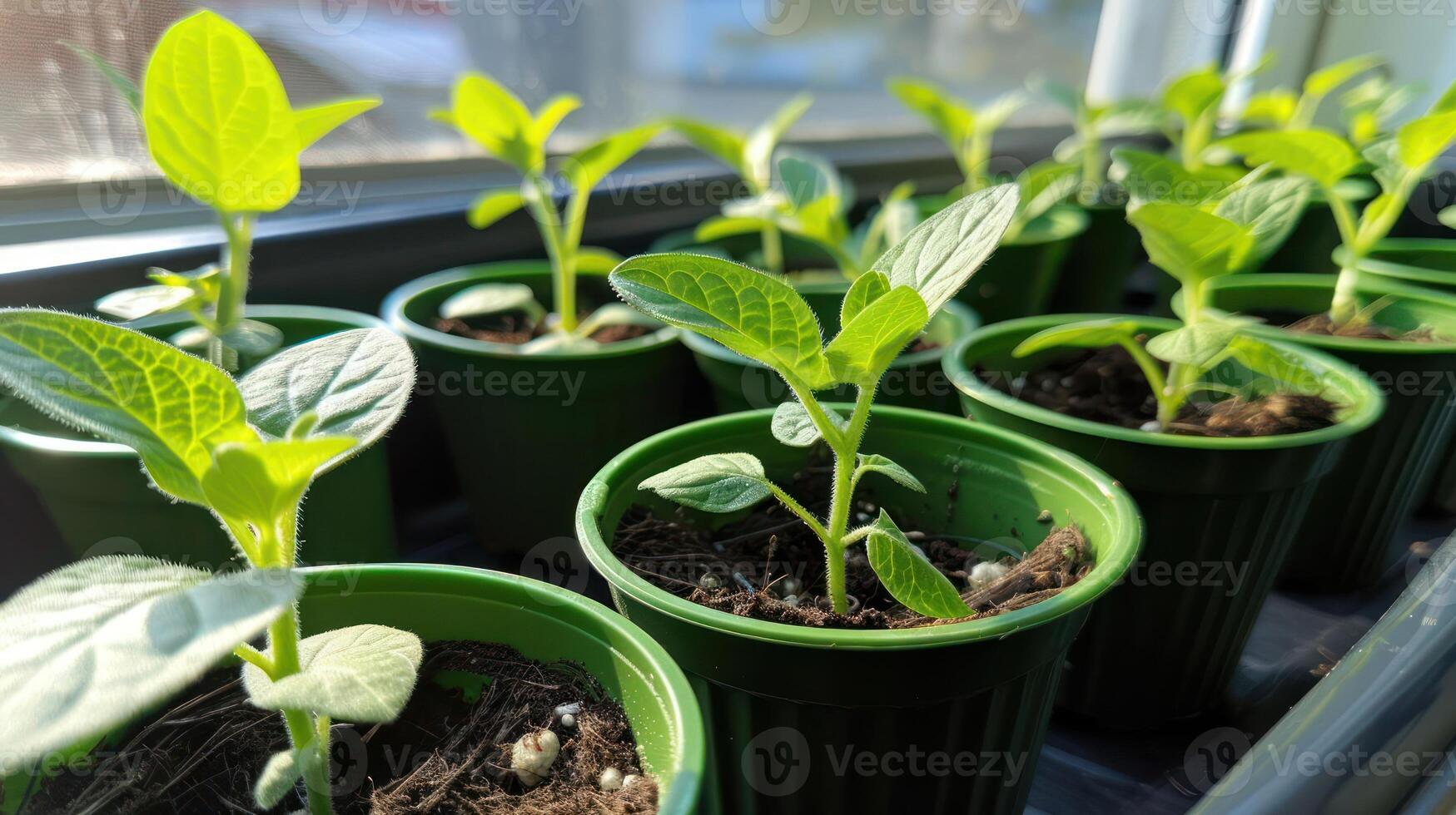 Young green plants growing in small pots on a sunny windowsill with natural light enhancing their growth photo