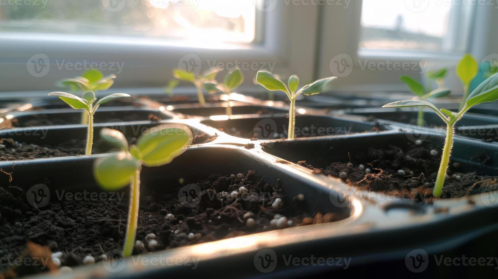 Young seedlings emerging from soil in a bright indoor setting with sunlight filtering through photo