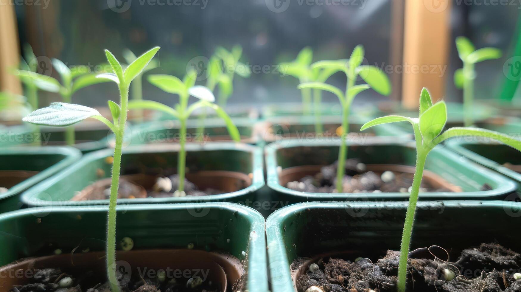 Young seedlings growing in small pots on a windowsill, sunlight filtering through glass photo