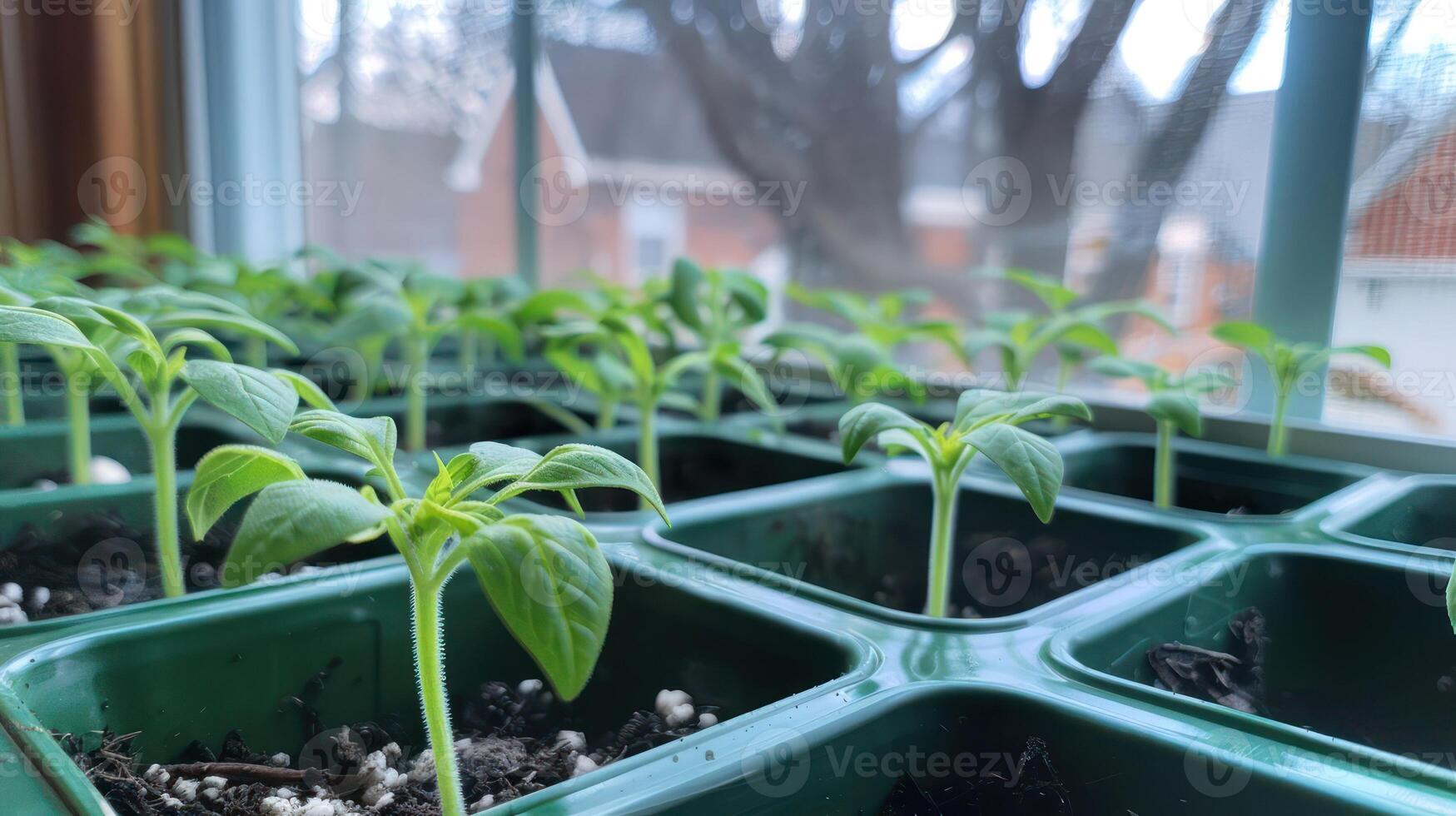 Close-up of young green seedlings growing in pots by a window with a blurred outdoor background photo
