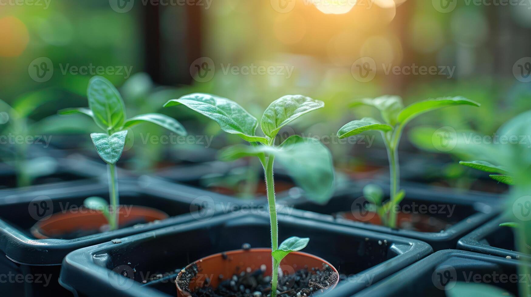 Close-up of young green seedlings growing in small pots with sunlight filtering through trees photo