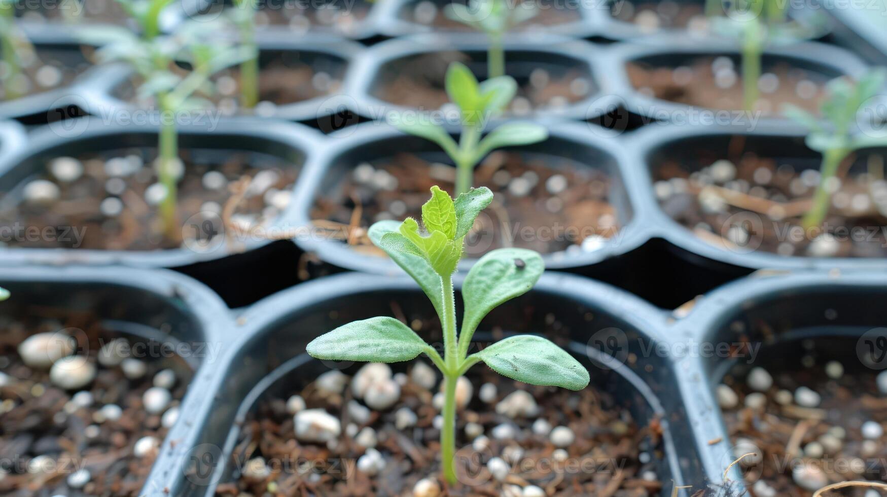 Close-up of young green seedlings growing in black plastic trays with soil and pebbles photo