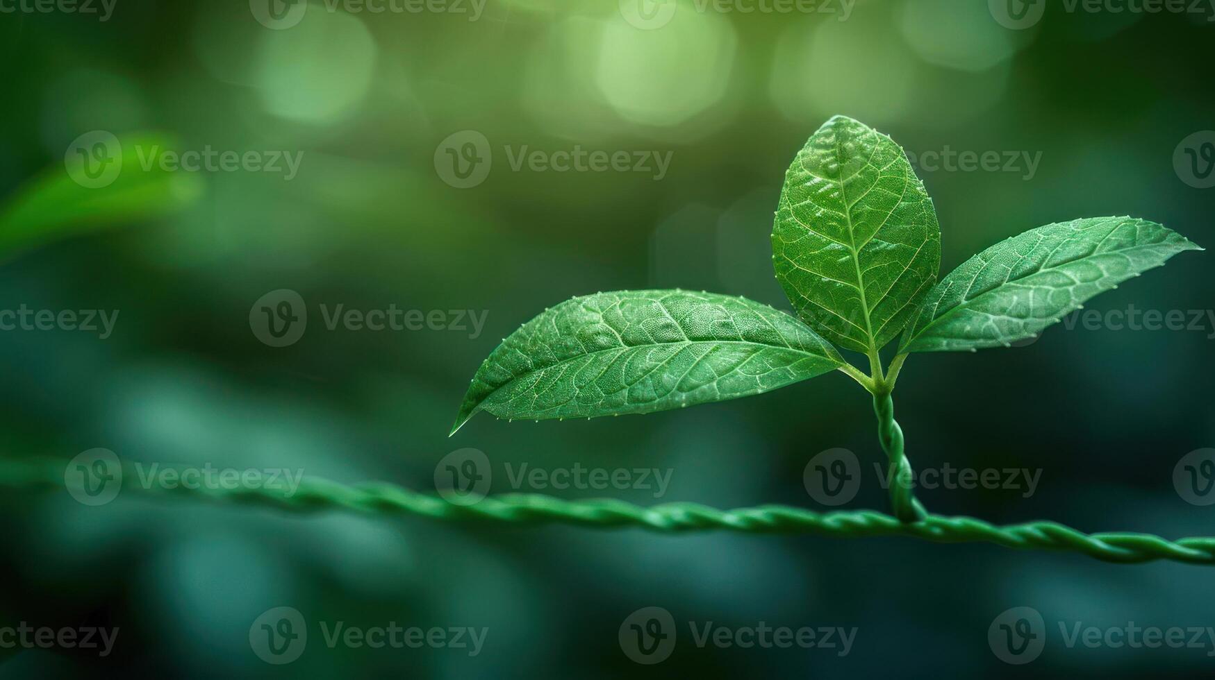 Close-up of vibrant green leaves entwined on a delicate vine in a lush forest setting photo