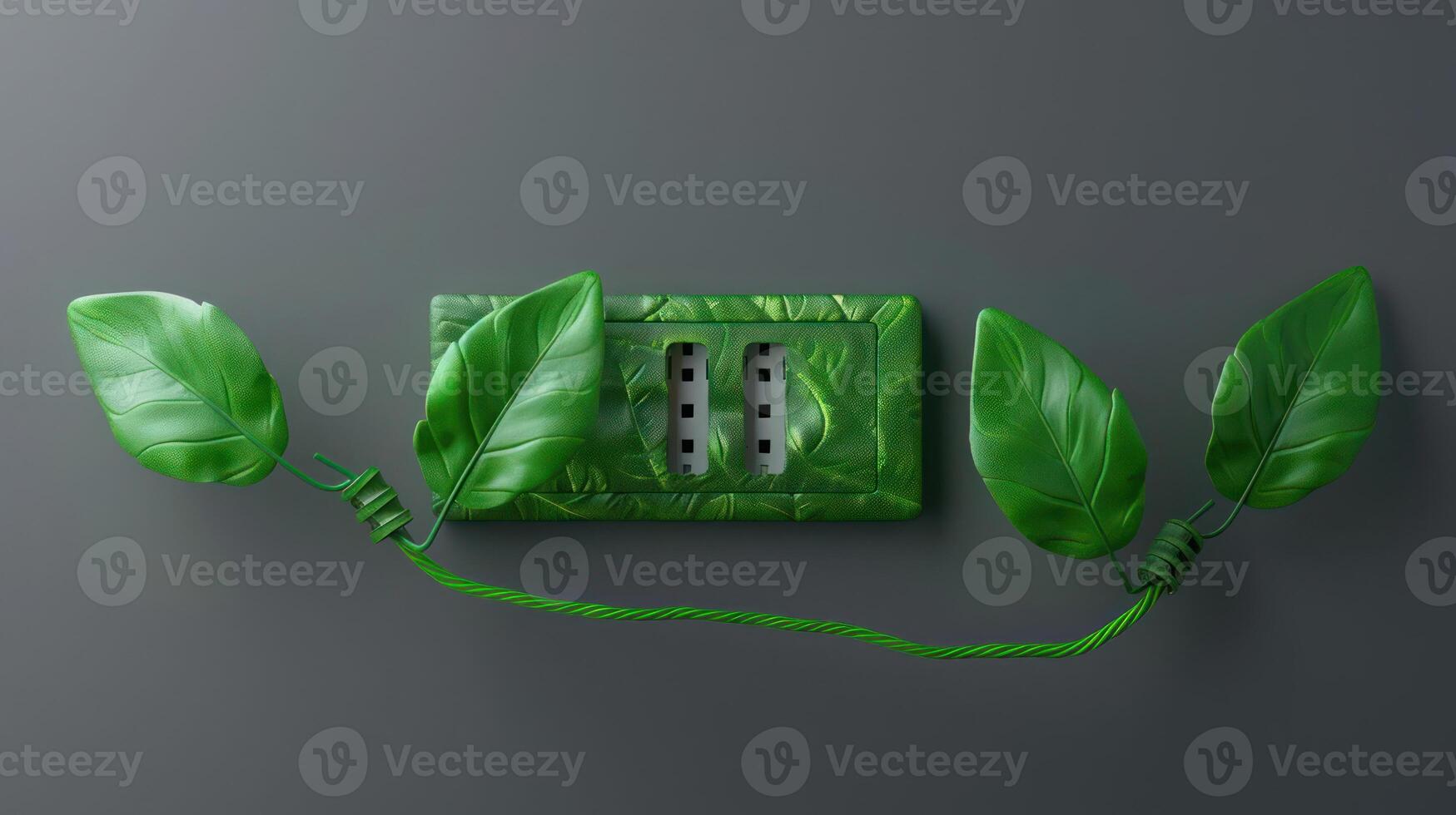 Green leaves entwined around an electrical outlet on a gray wall, symbolizing nature and technology photo