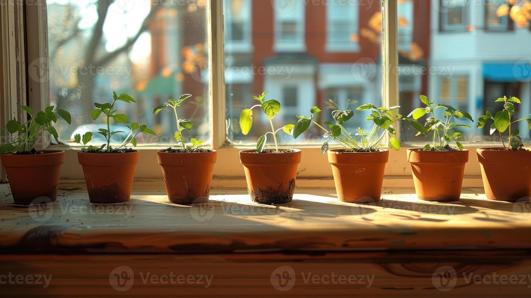 Sunlight streaming through a window illuminates small potted plants on a wooden sill, showcasing growth photo