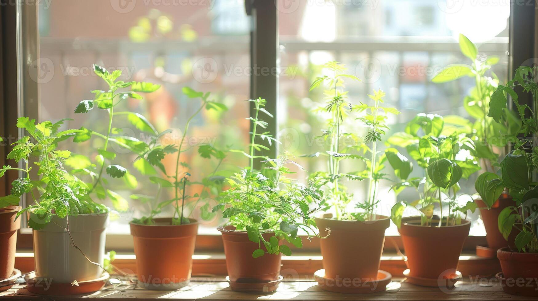 Sunlit indoor garden with various potted herbs on a windowsill, showcasing vibrant greenery photo