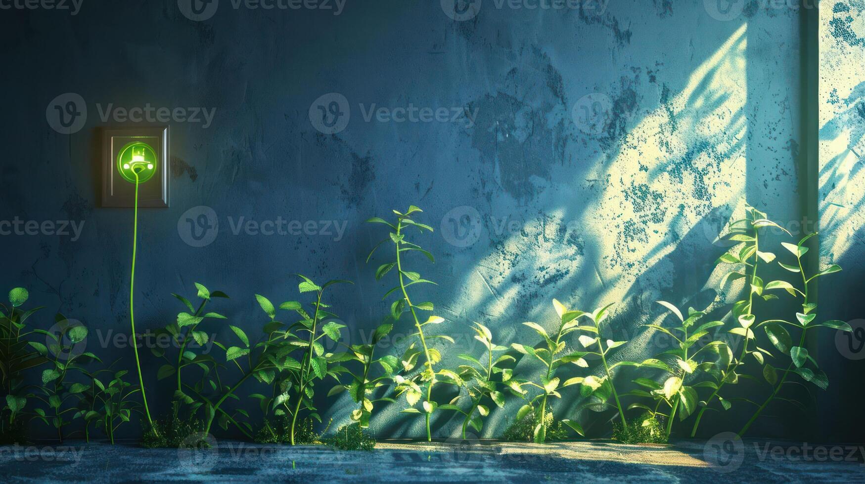 Green plants growing towards a glowing light switch in a textured blue wall environment photo