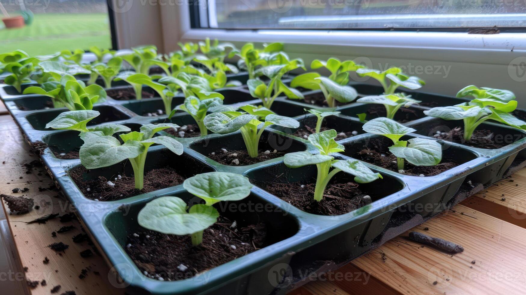 Seedlings thriving in a greenhouse, arranged in trays, with sunlight filtering through the window photo