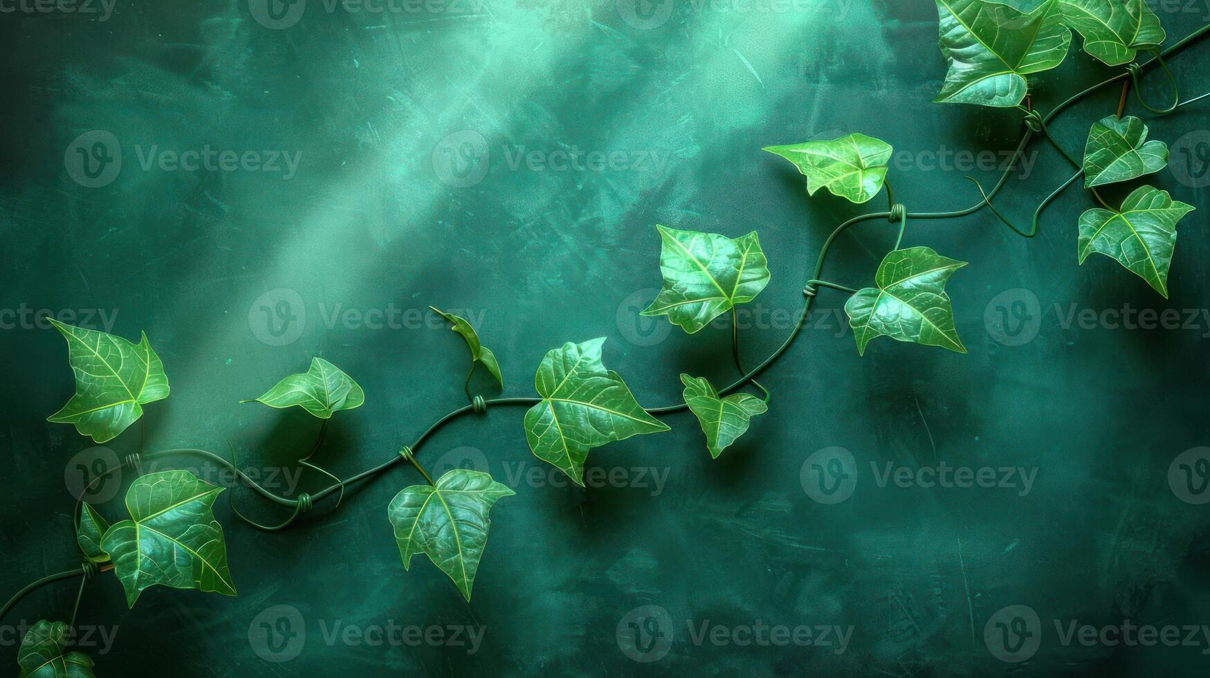 Green ivy leaves gracefully climbing against a textured emerald backdrop, creating a serene atmosphere photo