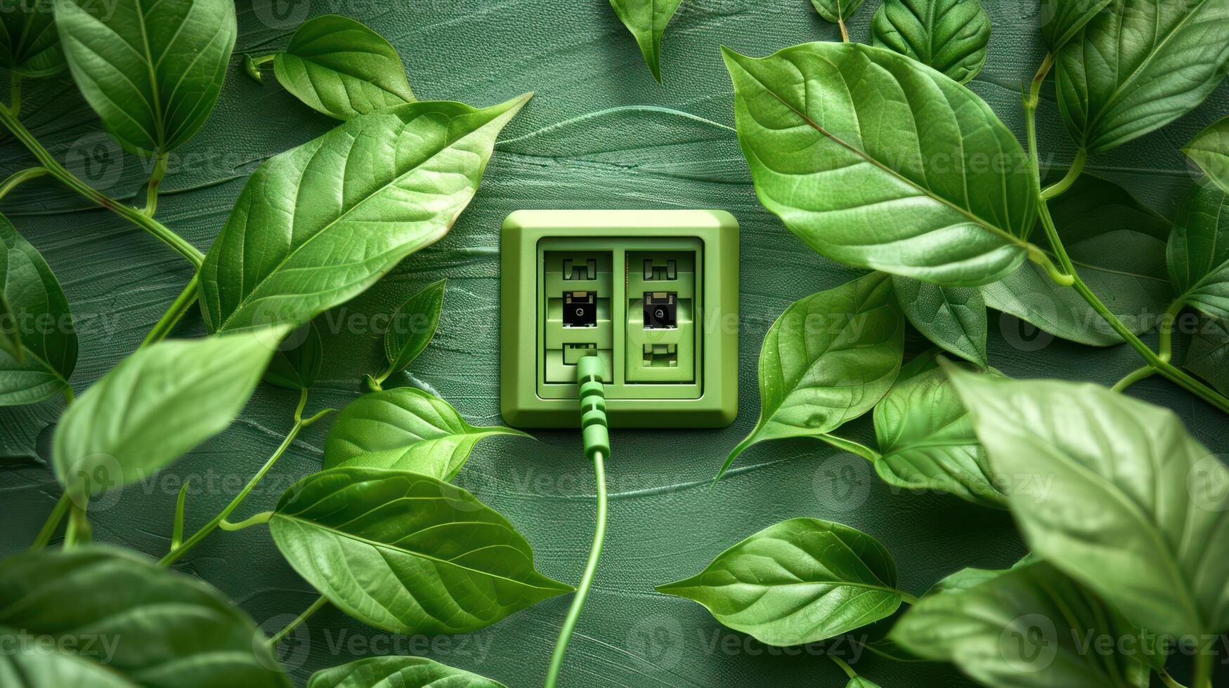 A green electrical outlet surrounded by lush green leaves, symbolizing eco-friendly energy use photo