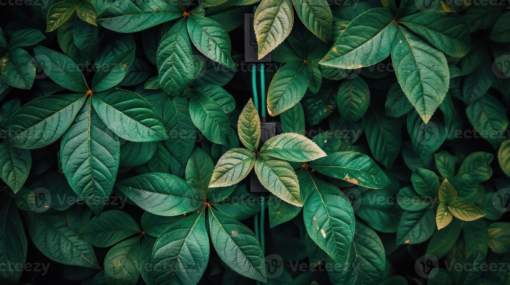 Lush green leaves intertwined with a subtle hint of technology in a serene environment photo