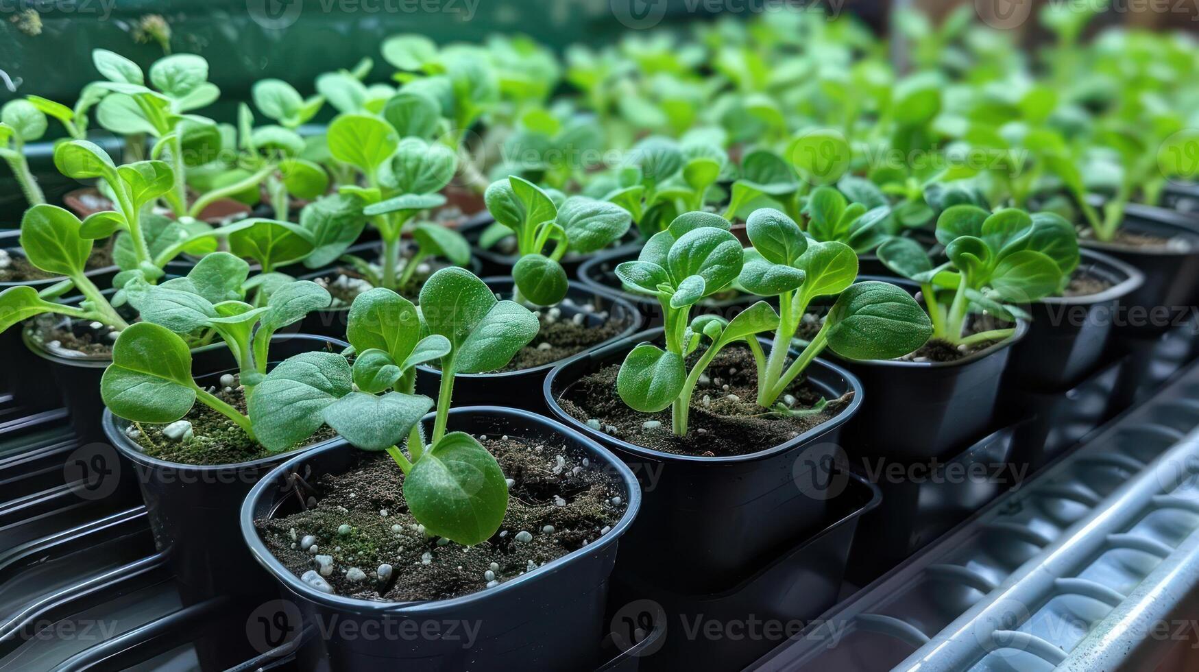 Lush green seedlings growing in black pots on a shelf, with soft lighting enhancing their freshness photo