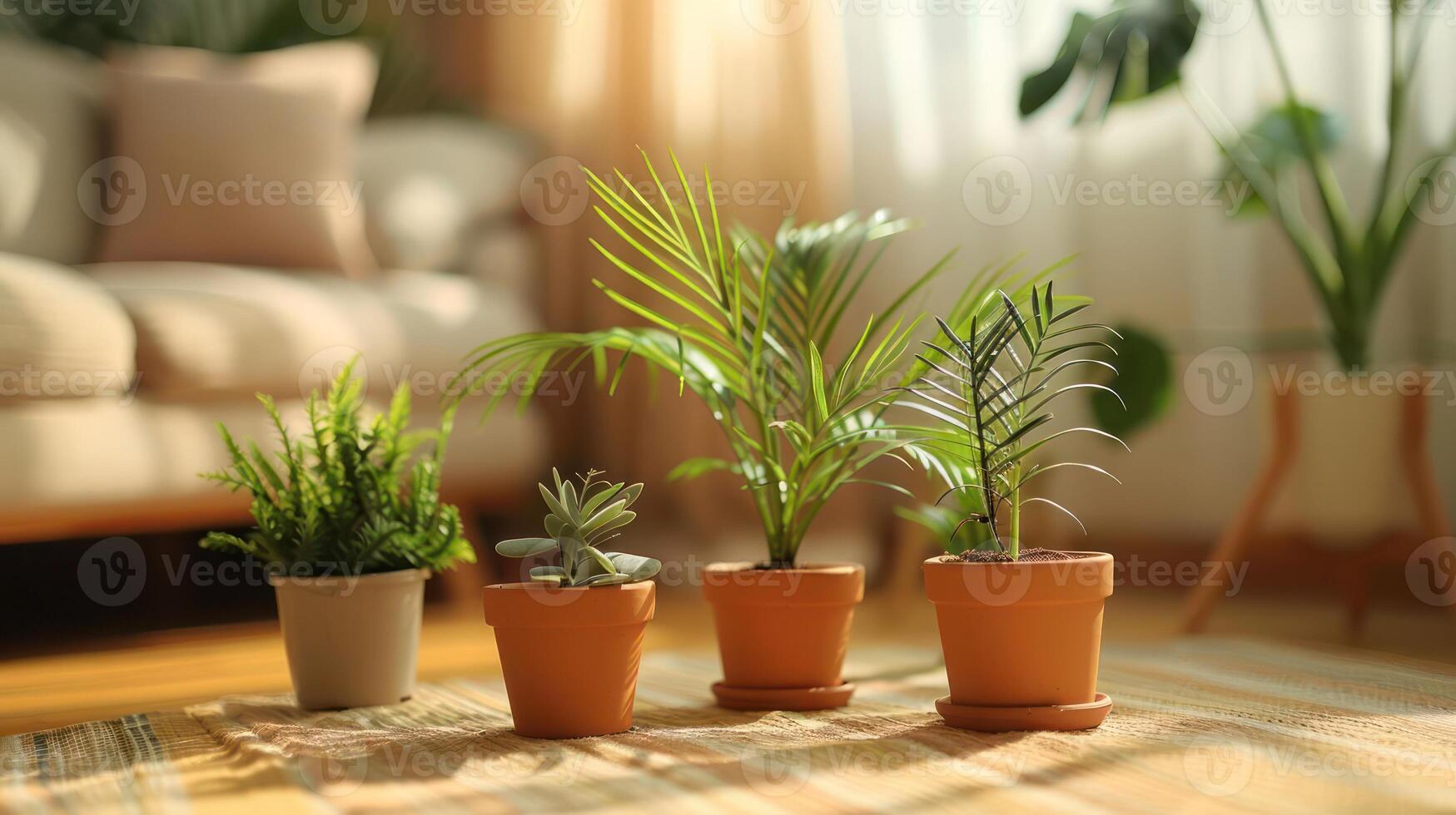 Indoor scene featuring various potted plants on a sunlit floor with a cozy living room backdrop photo