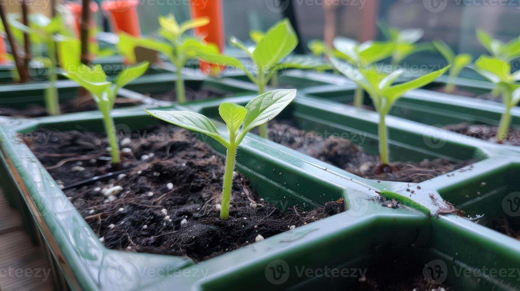 Young seedlings growing in a greenhouse, showcasing vibrant greenery and soil texture photo