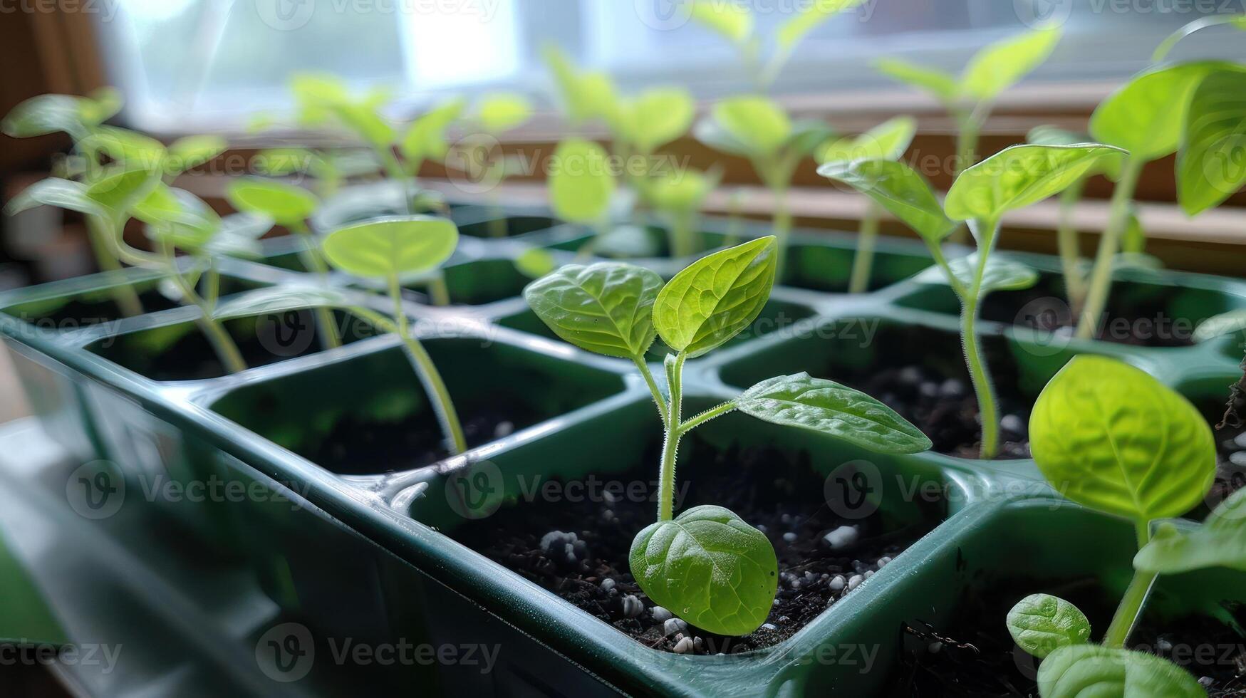 Young green seedlings growing in a bright window, showcasing vibrant leaves and healthy soil photo