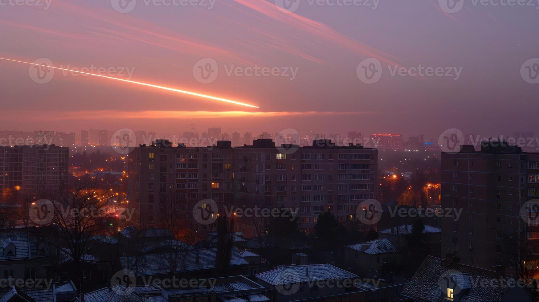 Serene sunset over a cityscape with illuminated buildings and a tranquil atmosphere photo