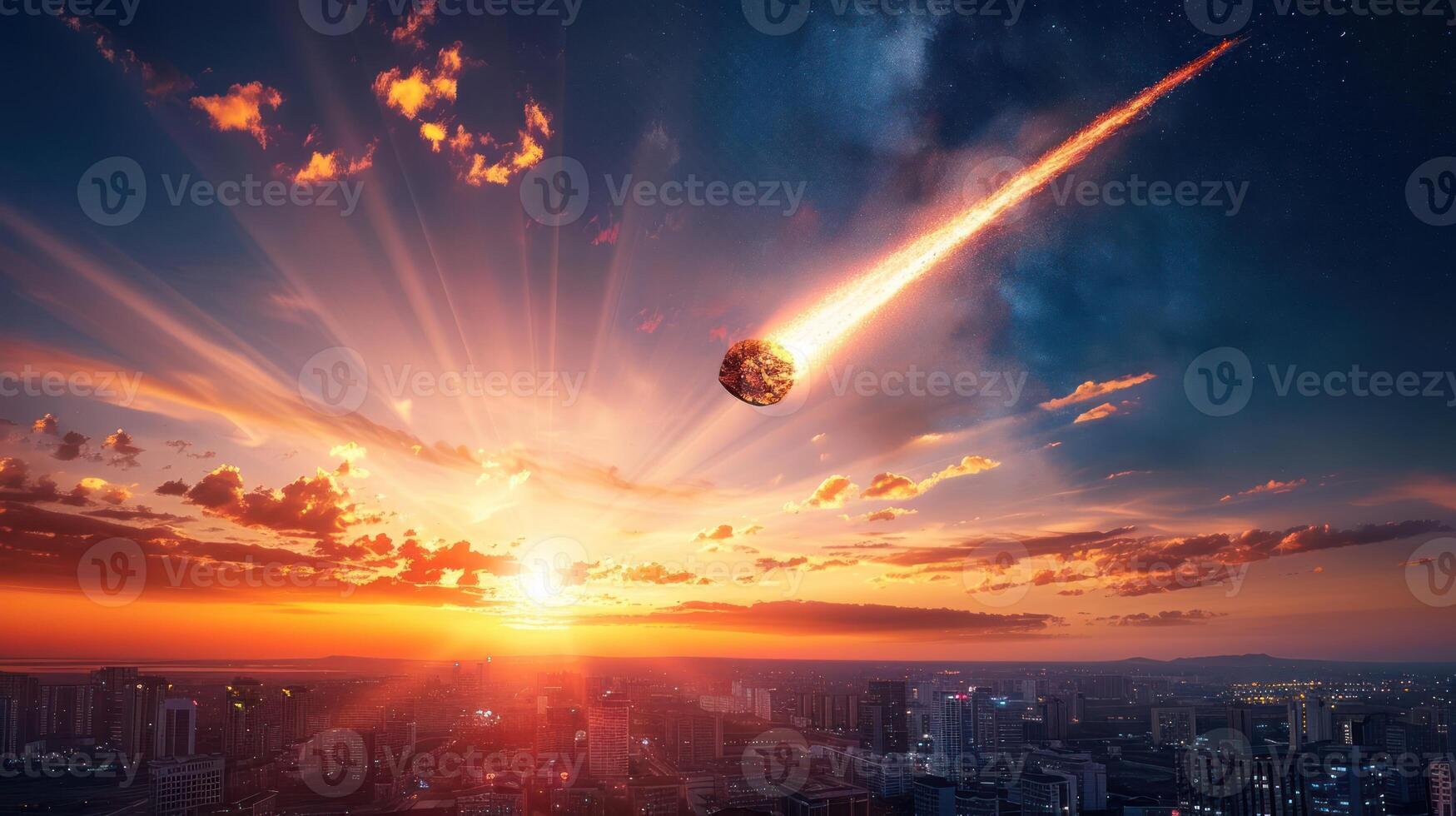 Dramatic meteor streaks across a vibrant sunset over a bustling city skyline, illuminating the scene photo