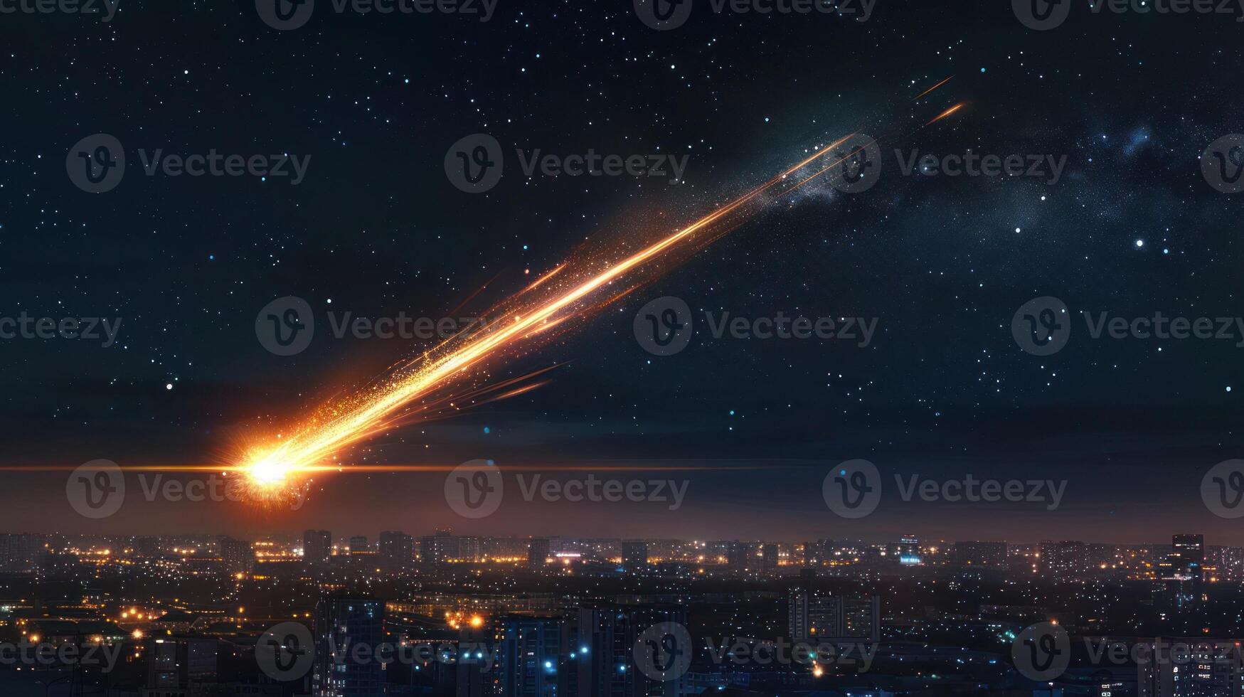 A vibrant meteor streaks across a starry night sky over a bustling city skyline below photo