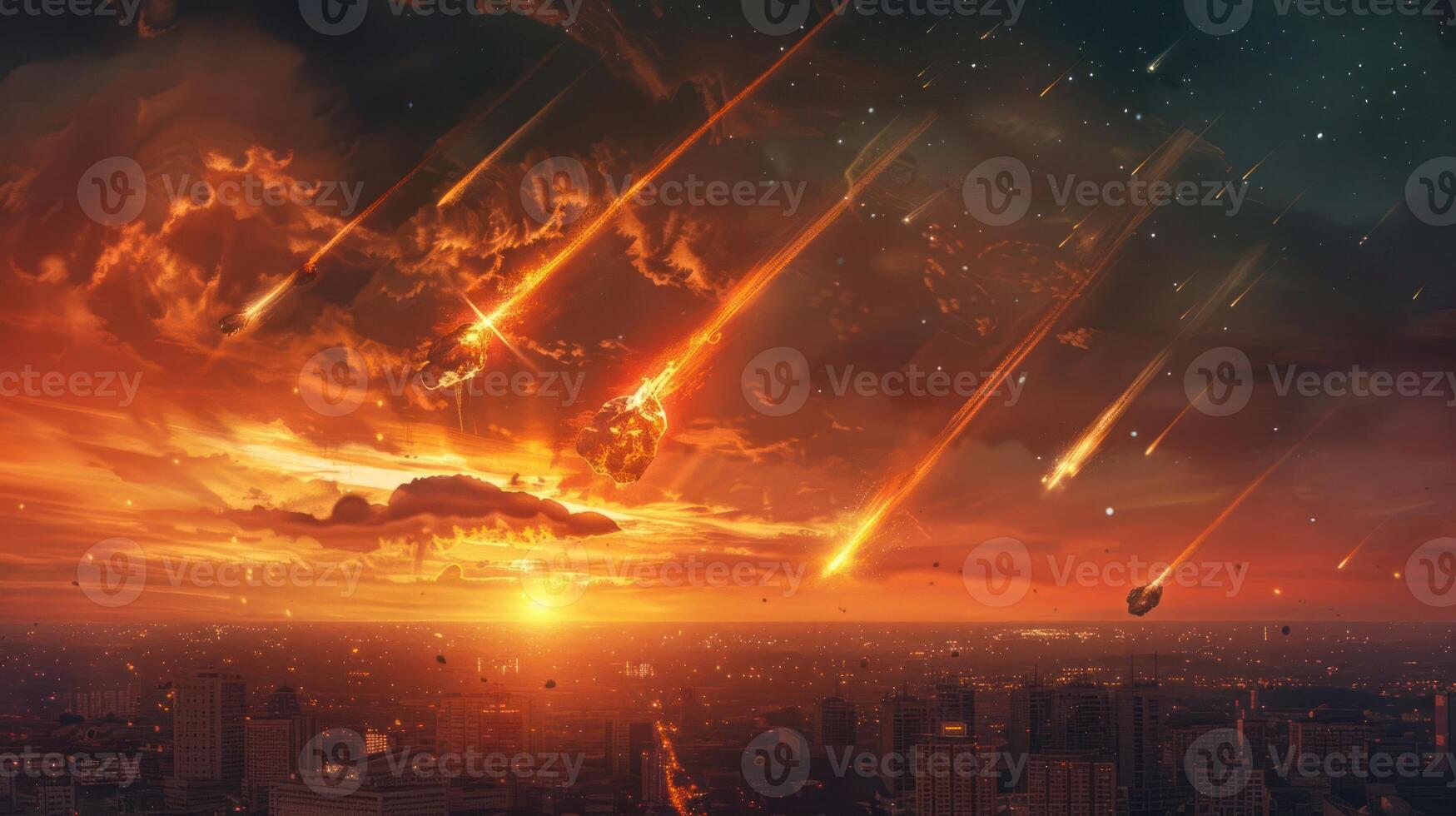 Dramatic sunset over a city skyline with meteors streaking through the sky, creating chaos photo