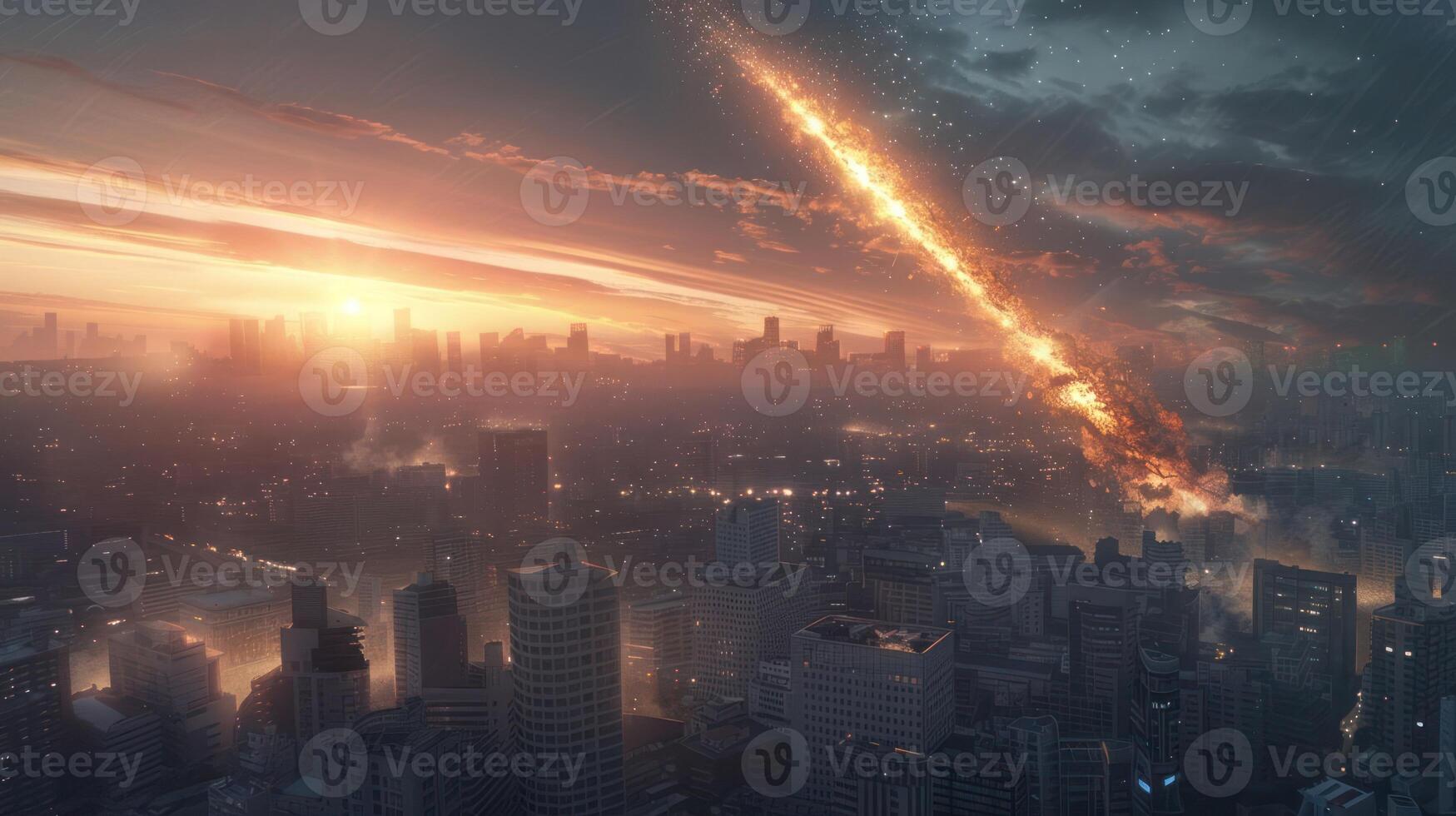 Dramatic sunset over a cityscape with a meteor streaking across the sky, creating chaos photo