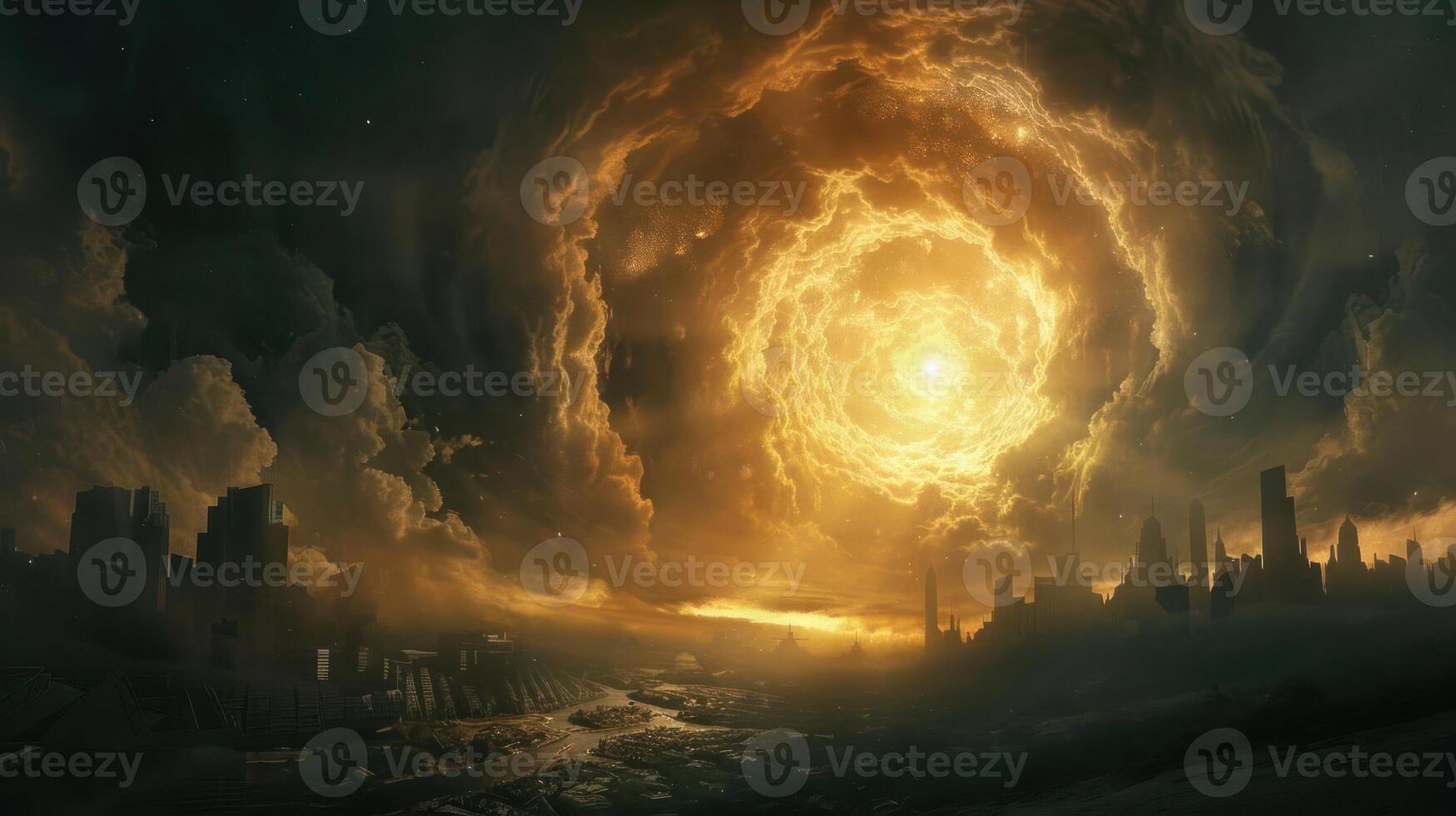 Dramatic celestial event over a futuristic cityscape with swirling clouds and glowing light photo