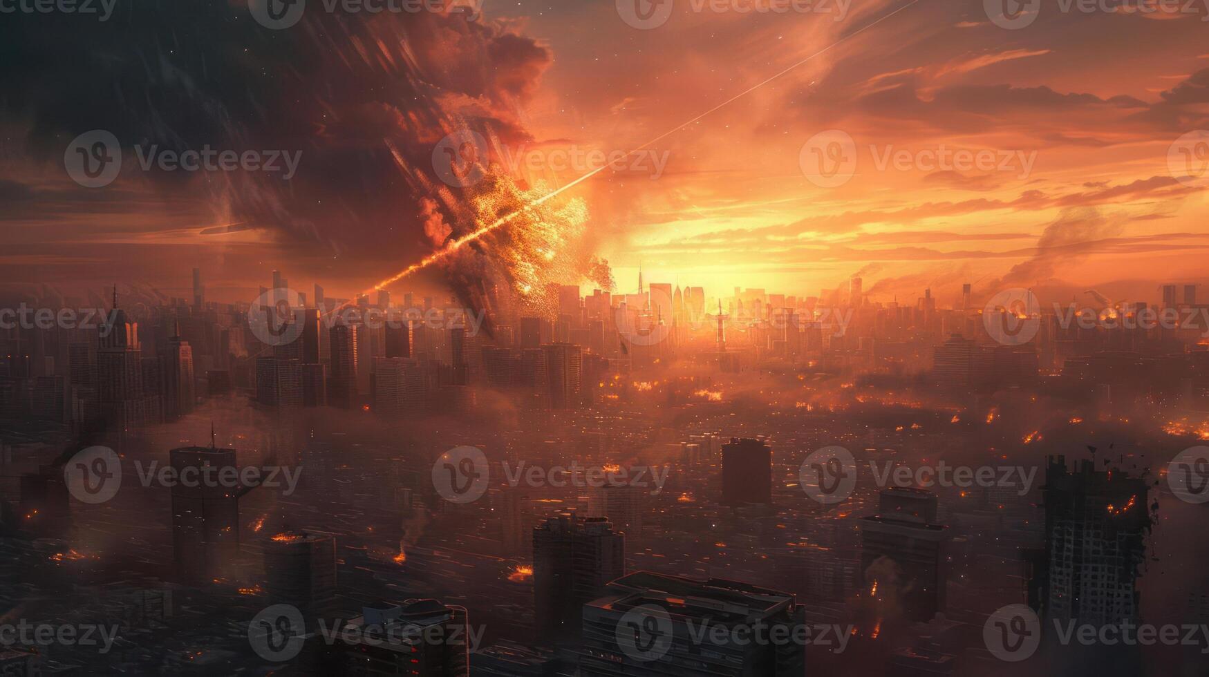 Dramatic sunset over a cityscape engulfed in chaos with fiery explosions and dark clouds photo