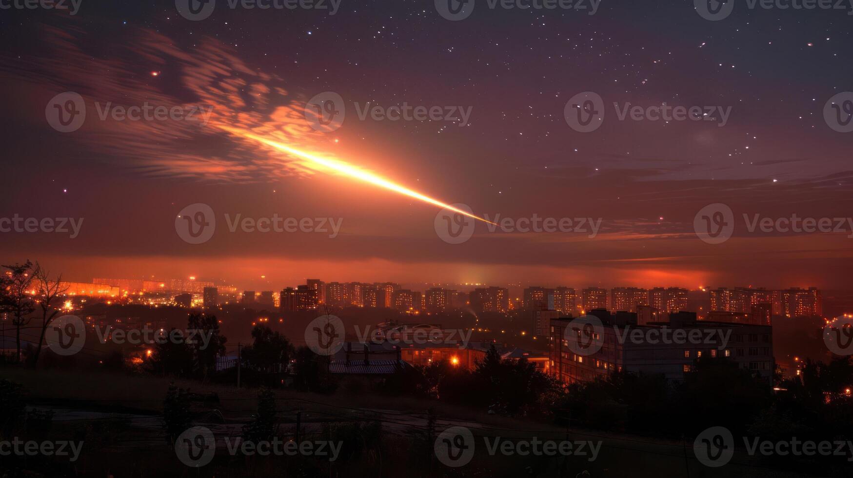 A vibrant city skyline illuminated at night with a meteor streaking across a starry sky photo