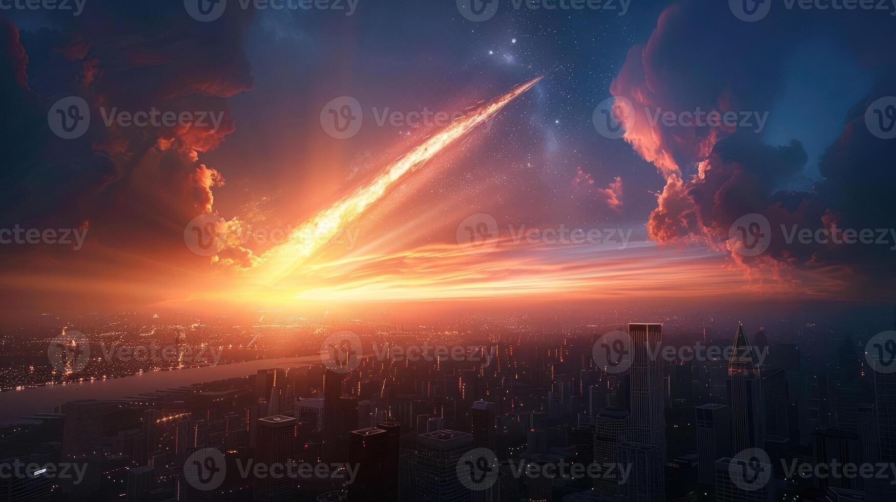 Stunning sunset over a bustling city skyline with a meteor streaking across the sky photo