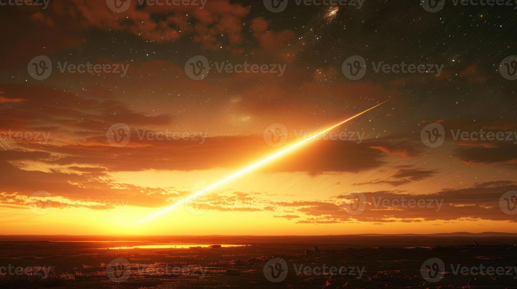 Stunning meteor streaks across a vibrant sunset sky over a tranquil lake reflecting colors photo
