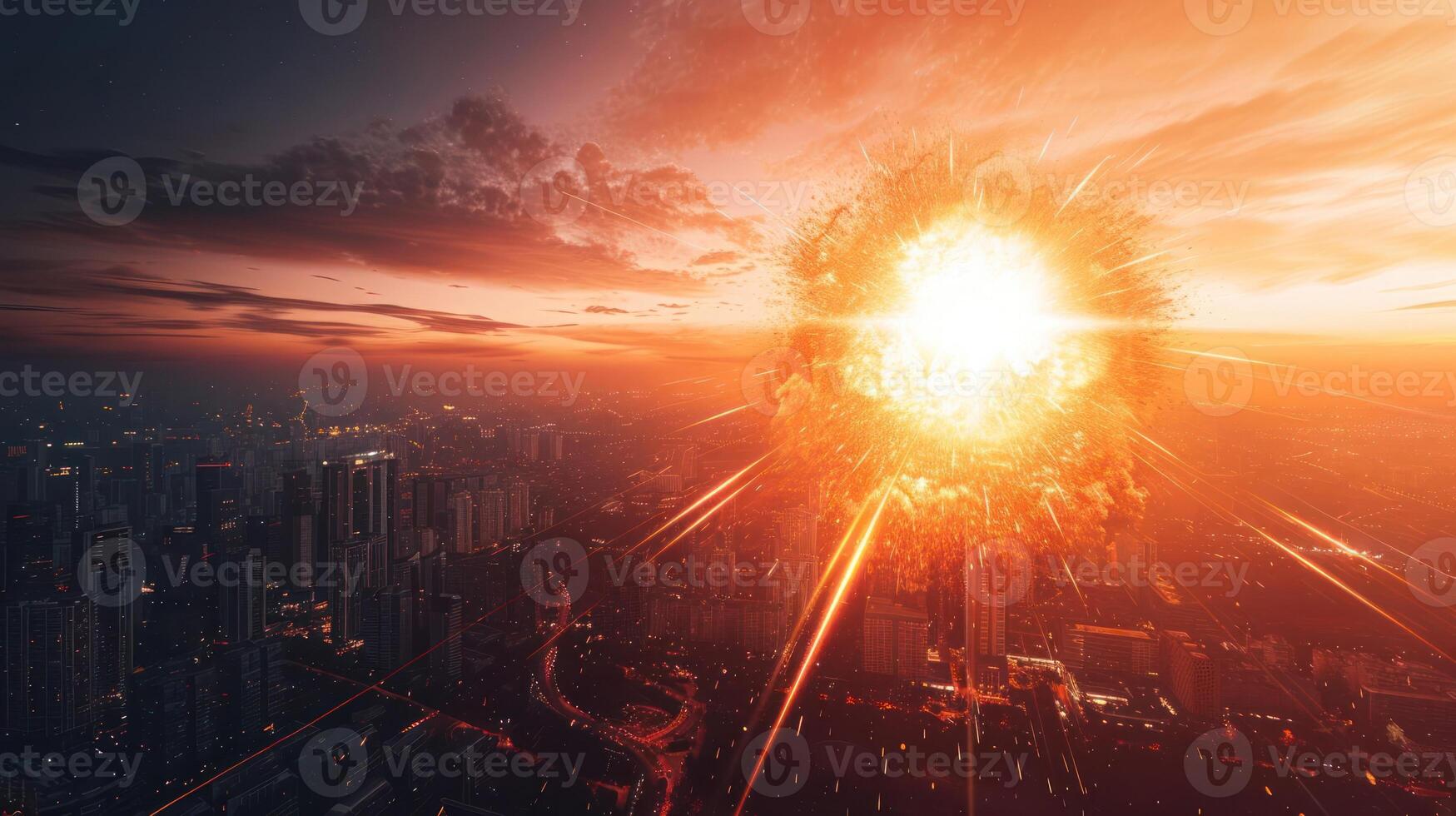 Dramatic sunset over a city skyline with an explosion creating vibrant light and energy photo