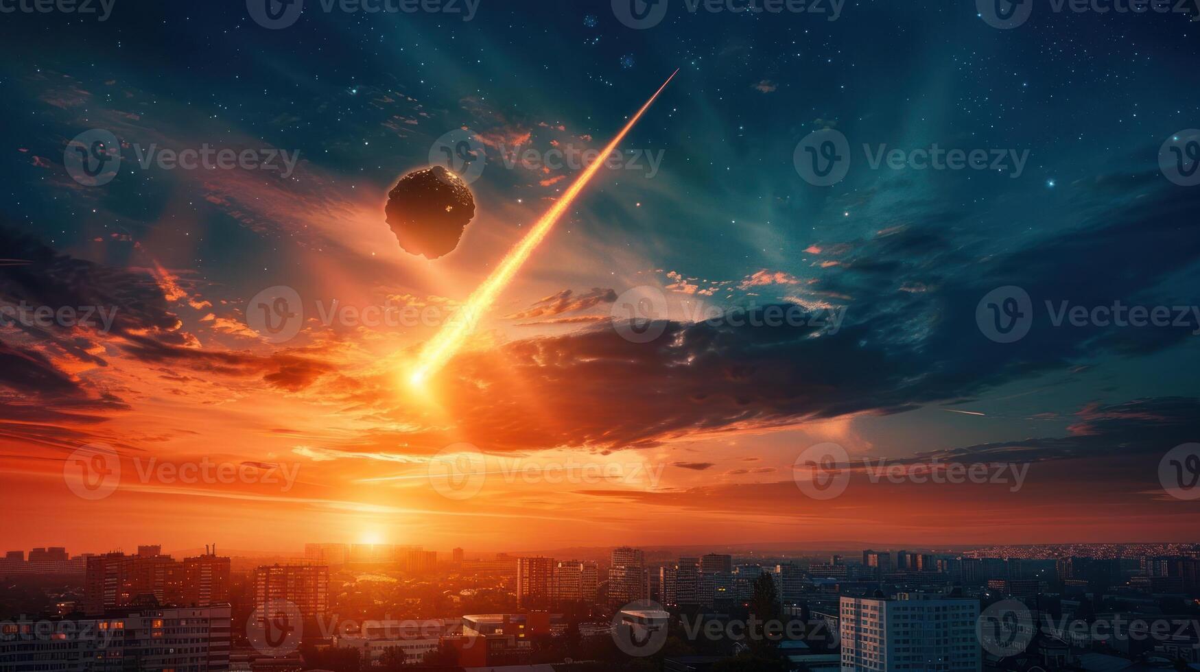 Meteor streaking across a vibrant sunset sky over a bustling city skyline, evoking wonder photo