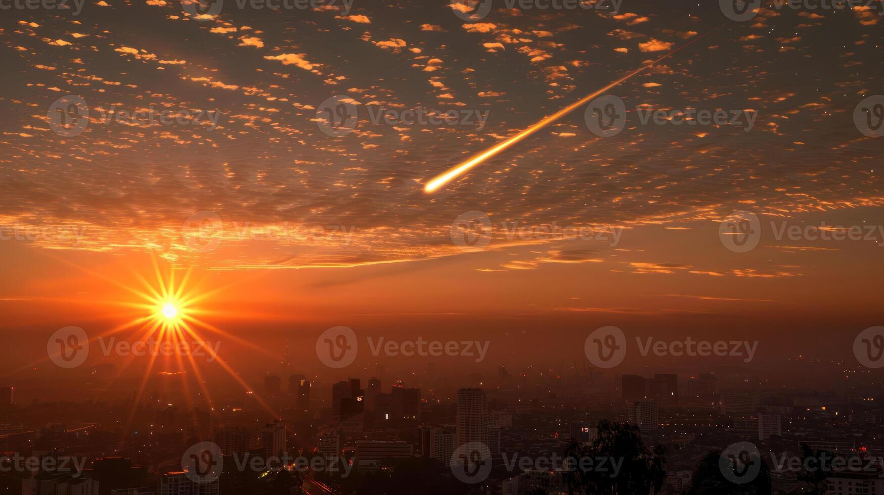 Stunning sunset over a vibrant city skyline with a meteor streaking across the sky photo