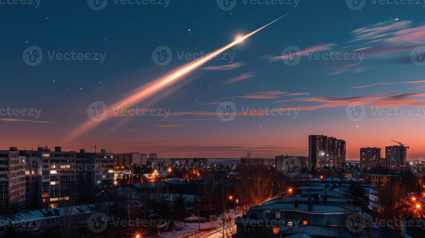 Stunning night sky with a meteor streaking over a cityscape illuminated by streetlights photo